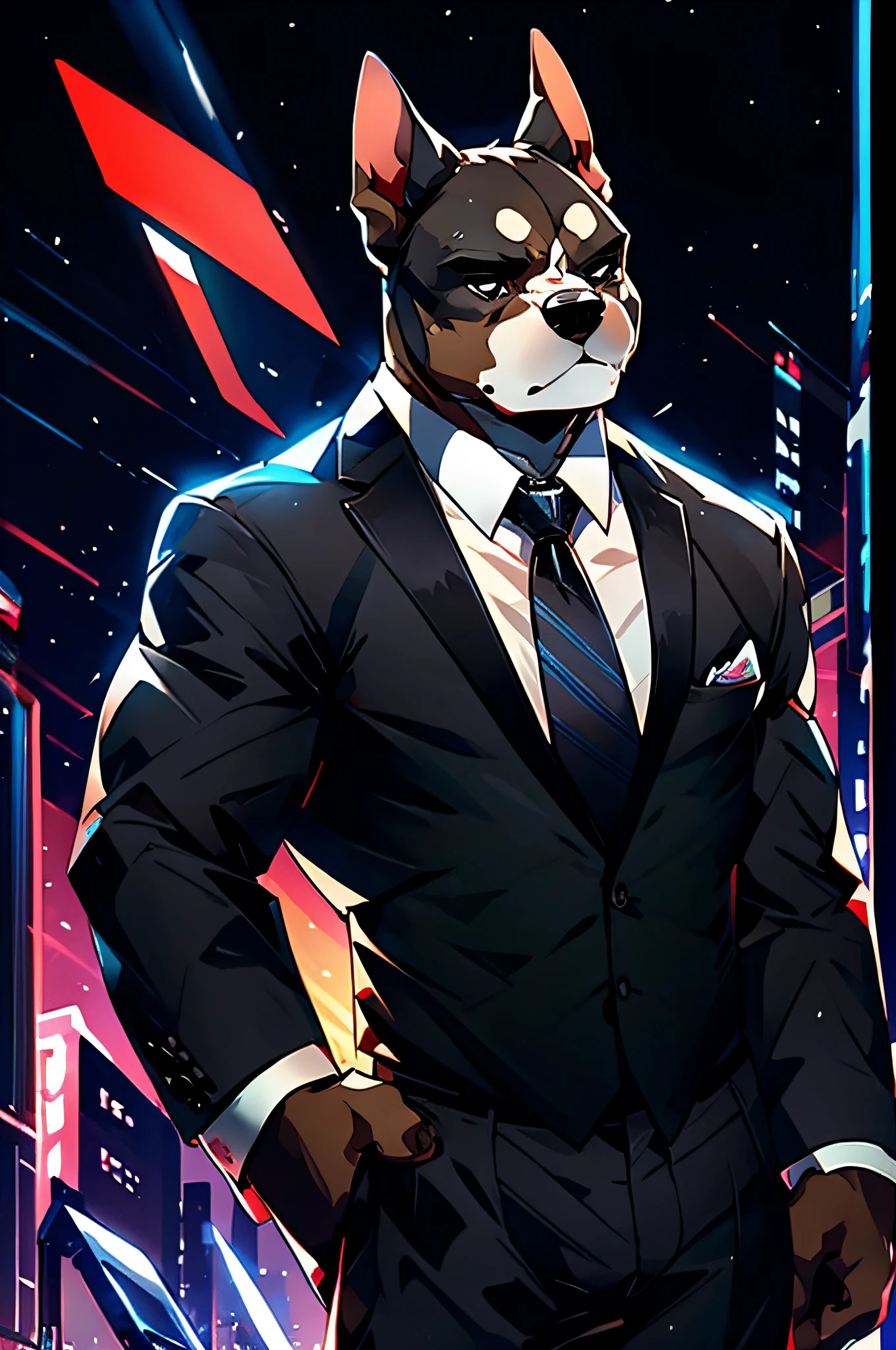 (Man in black suit and tie)comic strip、Anthropomorphic French Bulldog Dog、cyberpunked