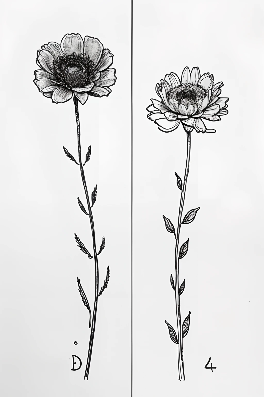 a drawing of a two desert flowers with one stem and leaves, drawn with a single line, Line - Art, a - black line drawing, One very stylized Line Drawing, depicting a flower, line drawing, poorly drawn, simple line art, simple drawing , blooming, thin line art, single line drawing, very scribbled, one line drawing, minimalist line drawing, dried flower