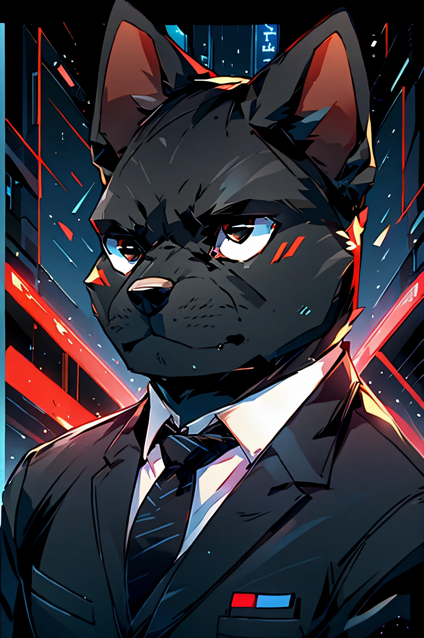 (Man in black suit and tie)comic strip、Anthropomorphic French Bulldog Dog、cyberpunked