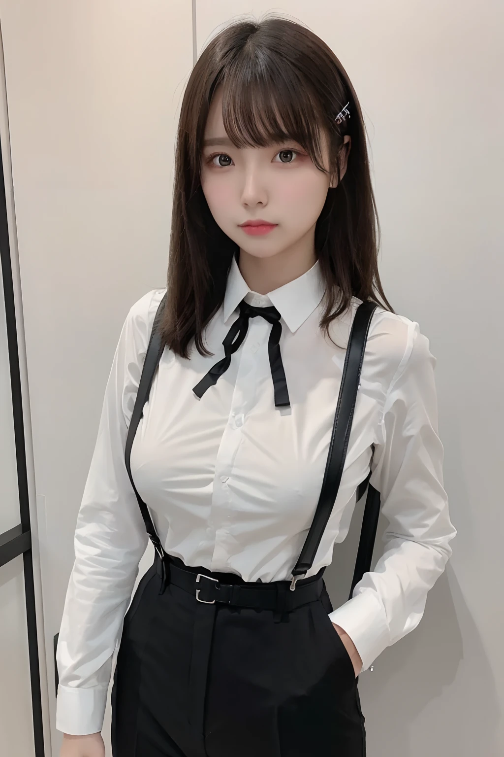 masterpiece、flat-colors、depth of fields、lens flare 1 girl、、Brown hair、watching at viewers a belt black suspenders Social OL huge tit Armpit sweat perspiring Side of both hands walls: Black Suit Black pants, Black Jacket Slim Pichi Pichi clothes