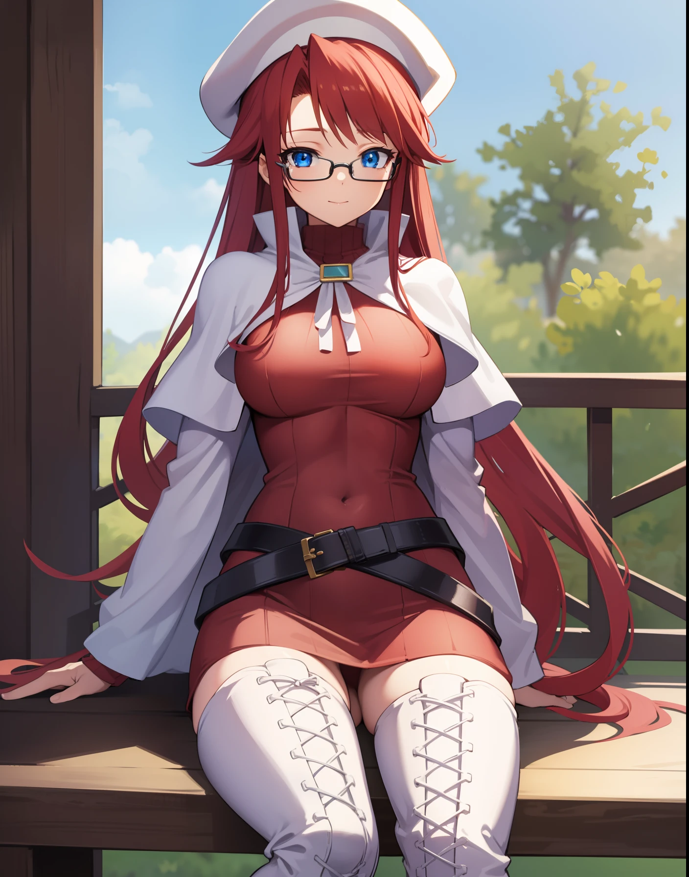 summonnightaty, aty, long hair, blue eyes, red hair, beret, hat, glasses,
BREAK long hair, thighhighs, hat, dress, boots, glasses, belt, cape, sweater, zettai ryouiki, beret, thigh boots, white footwear, ribbed sweater, loose belt,,
BREAK looking at viewer,
BREAK outdoors, fantasy_city,
BREAK (masterpiece:1.2), best quality, high resolution, unity 8k wallpaper, (illustration:0.8), (beautiful detailed eyes:1.6), extremely detailed face, perfect lighting, extremely detailed CG, (perfect hands, perfect anatomy),covered_nipples,covered_navel,light_smile,dynamic_posing,half_eyes,spread_legs,sitting,