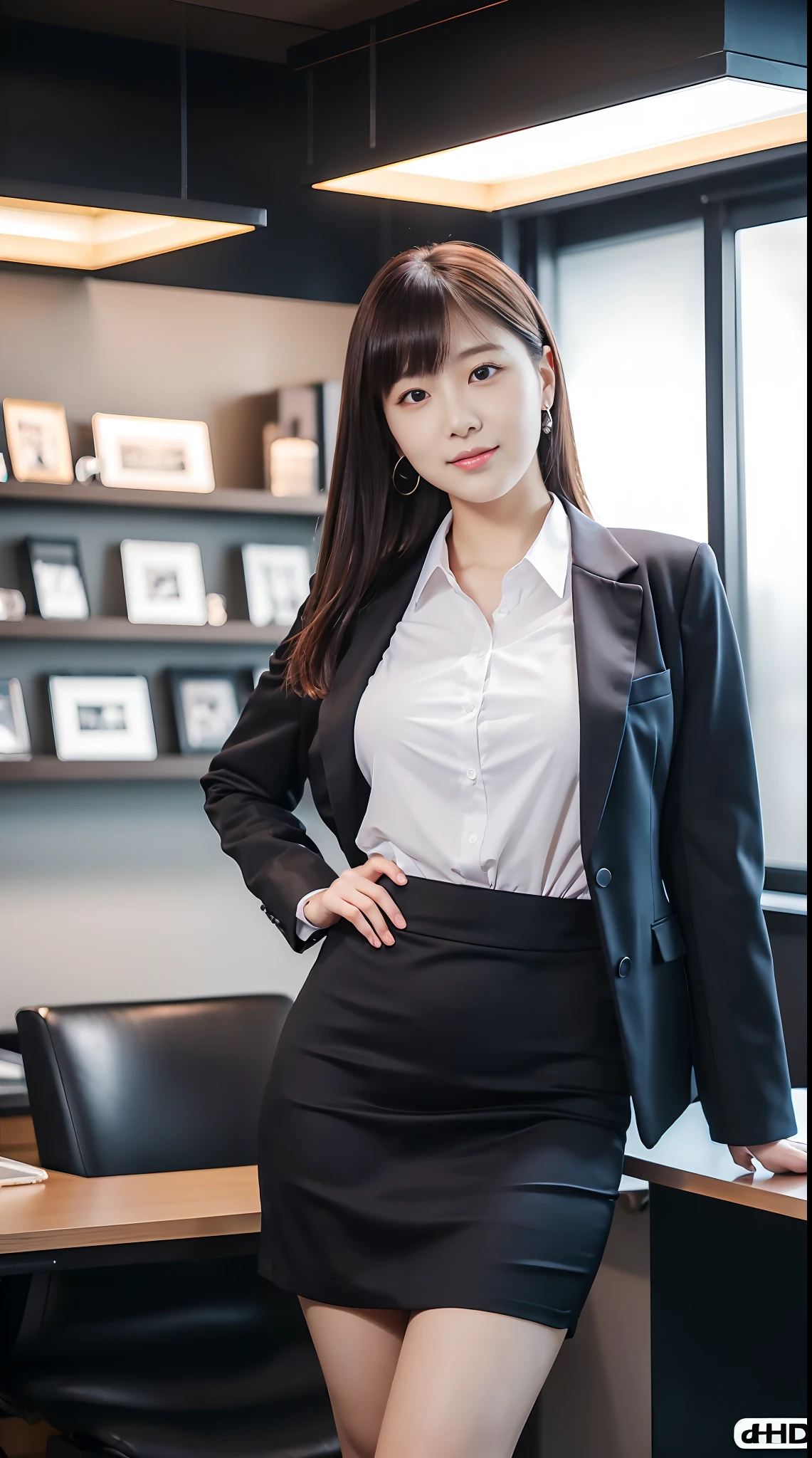 ((masterpiece, best quality, FHD, 16K :1.3)) ,Japanese woman, 20 years old, thicc ,Office Suit tight medium Skirt, s Office,
