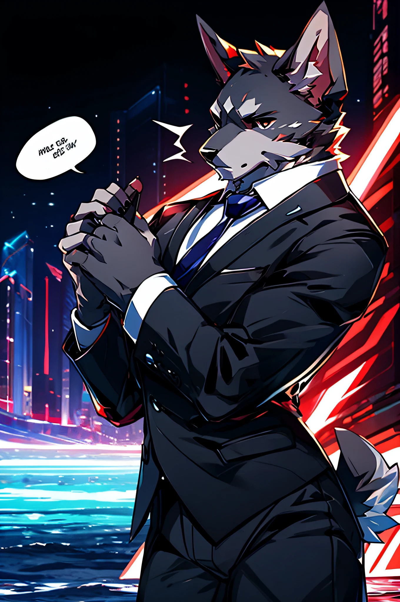 (Man in black suit and tie)comic strip、Anthropomorphic Schnauzer Dog、cyberpunked