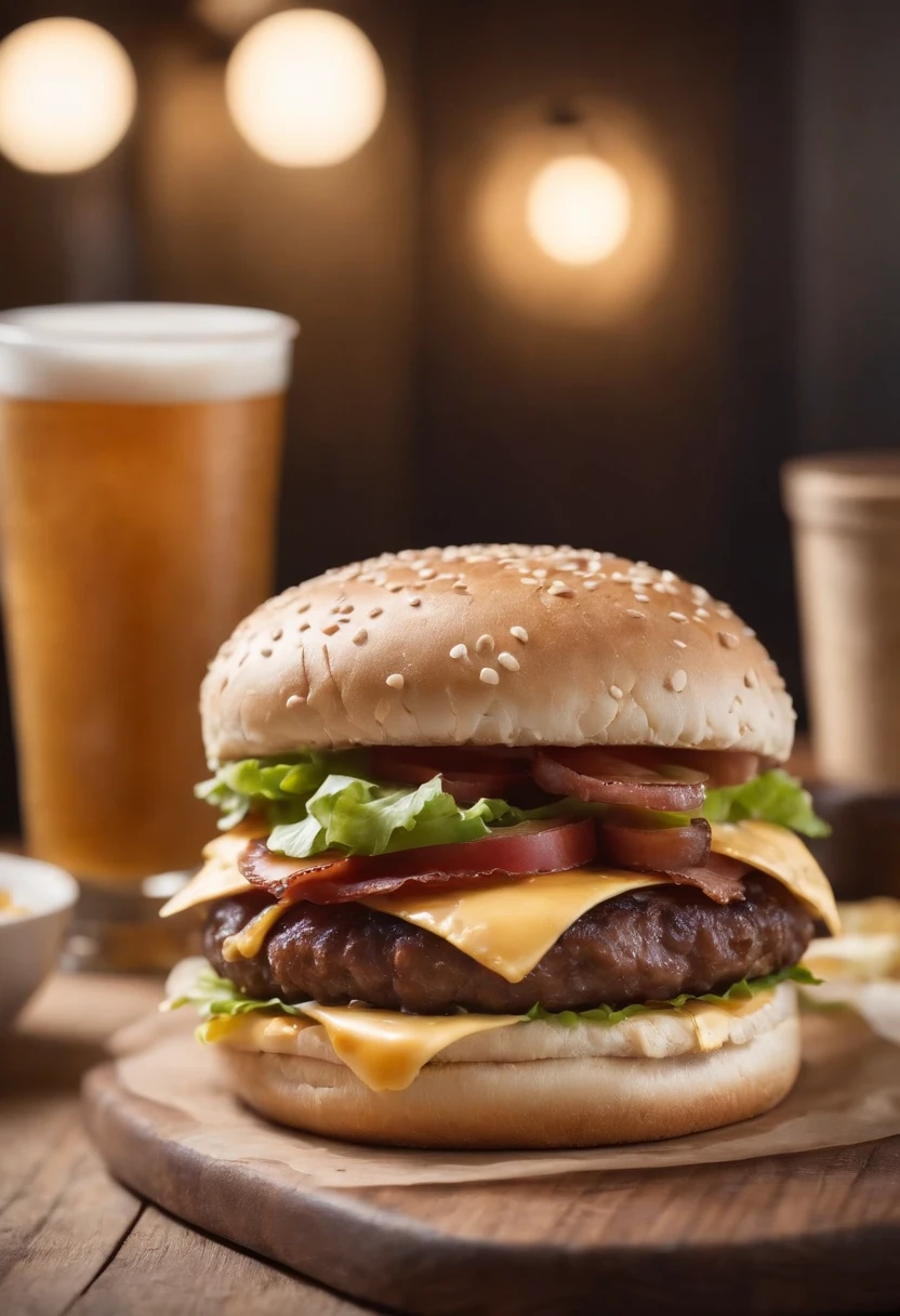 A harmburger on a wooden counter, com hiperrealismo na carne, queijo, alface e bacon,
