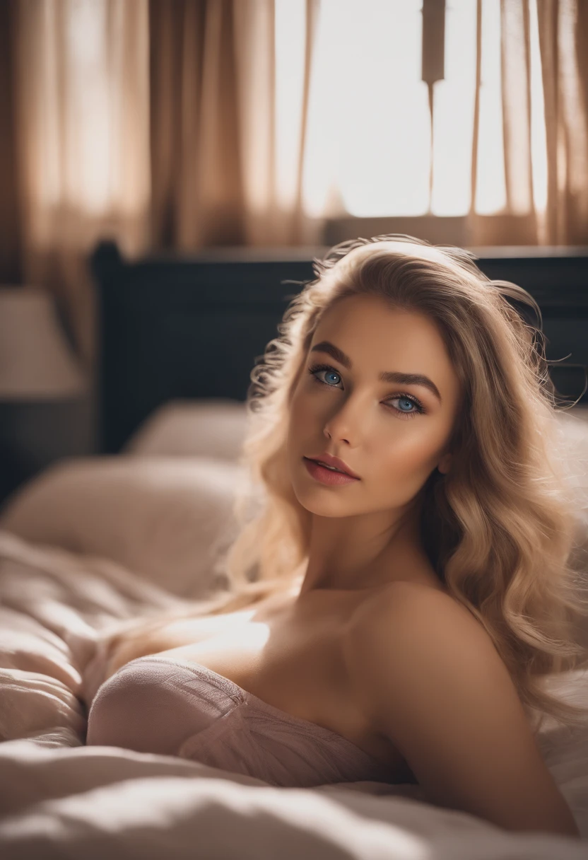 arafed woman fully , sexy girl with blue eyes, ultra realistic, meticulously detailed, portrait sophie mudd, camera between feet, blonde hair and large eyes, selfie of a young woman, bedroom eyes, violet myers, without makeup, natural makeup, looking directly at the camera, face with artgram, subtle makeup, laying back on bed, in bedroom, large size bust, see through lingerie