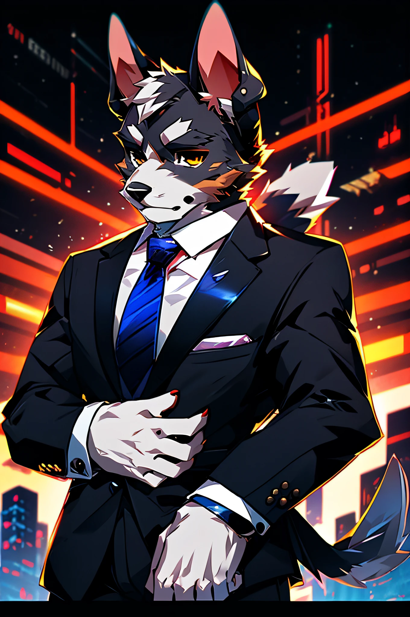 (Man in black suit and tie)comic strip、Anthropomorphic Schnauzer Dog、cyberpunked