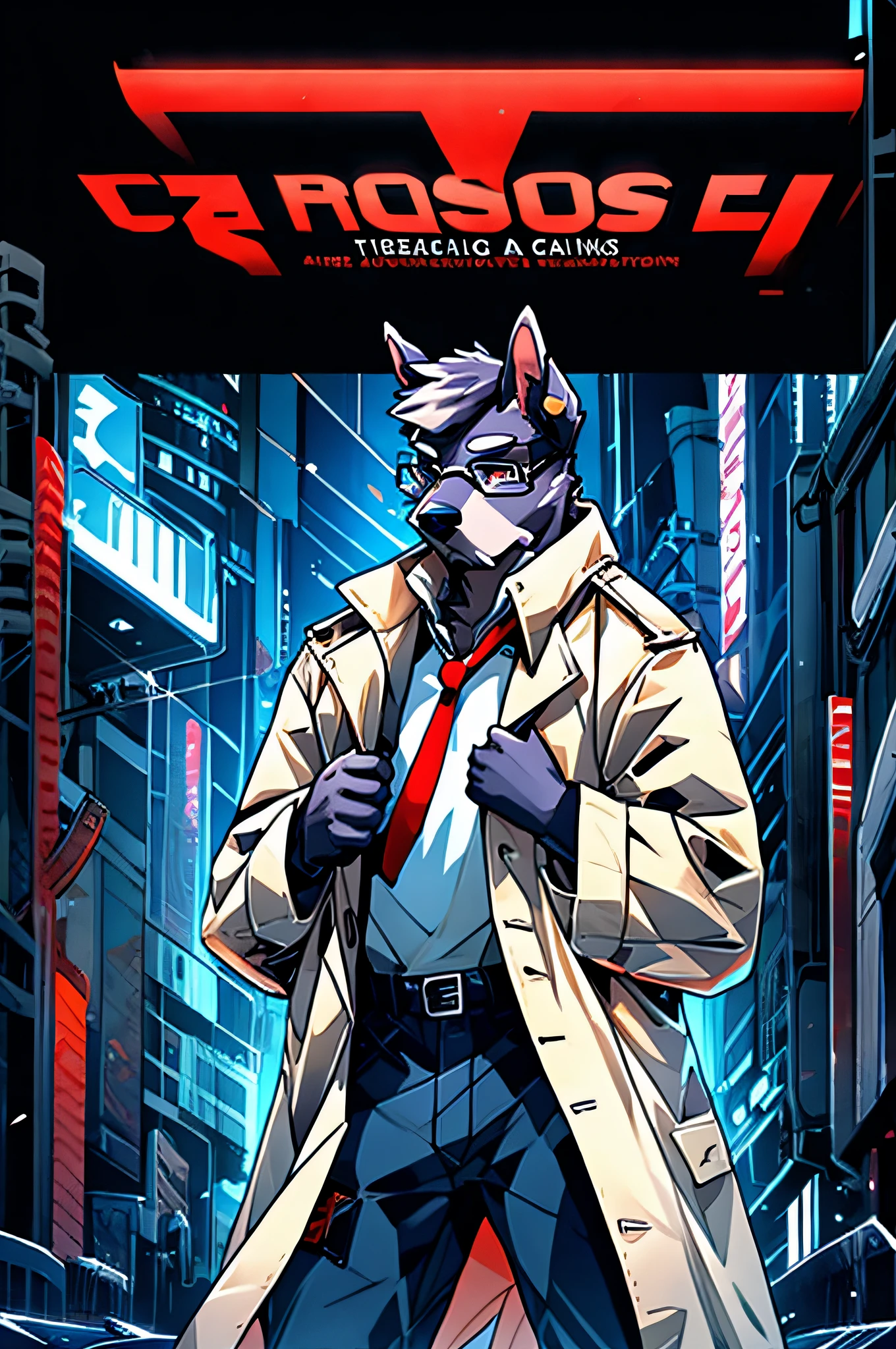 (Man in a trench coat)comic strip、Anthropomorphic Schnauzer Dog、cyberpunked