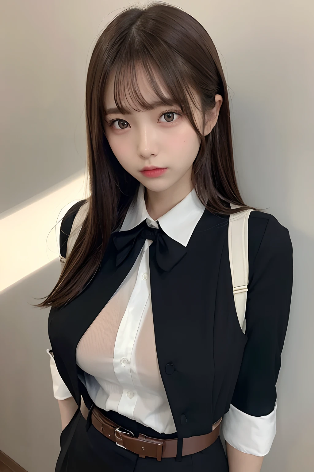 masterpiece、flat-colors、depth of fields、lens flare 1 girl、、Brown hair、watching at viewers a belt black suspenders Social OL huge tit Armpit sweat perspiring Side of both hands walls: Black Suit Black pants, Black Jacket Slim Pichi Pichi clothes