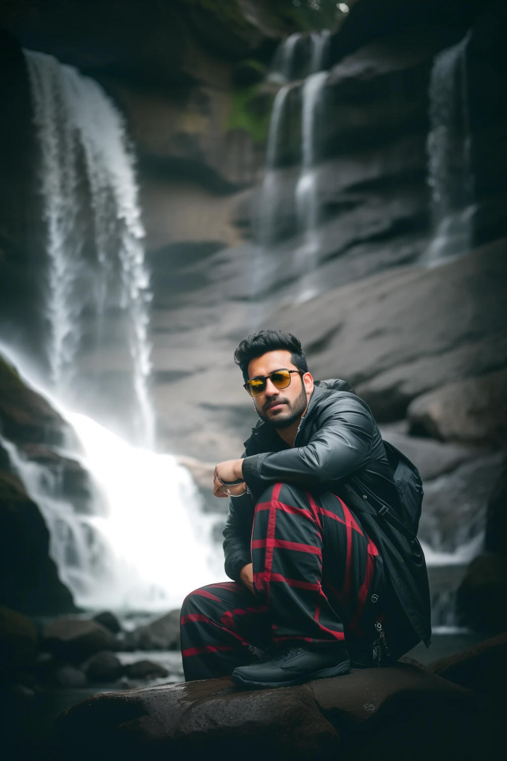 arafed man sitting on a rock in front of a waterfall, next to a waterfall, standing near a waterfall, portrait shot 8 k, solitude under a waterfall, in a cave with the waterfall, shot on canon eos r 5, shot on canon eos r5, shot on nikon z9, shot on sony a 7, high quality portrait, cinematic portrait, sun glasses