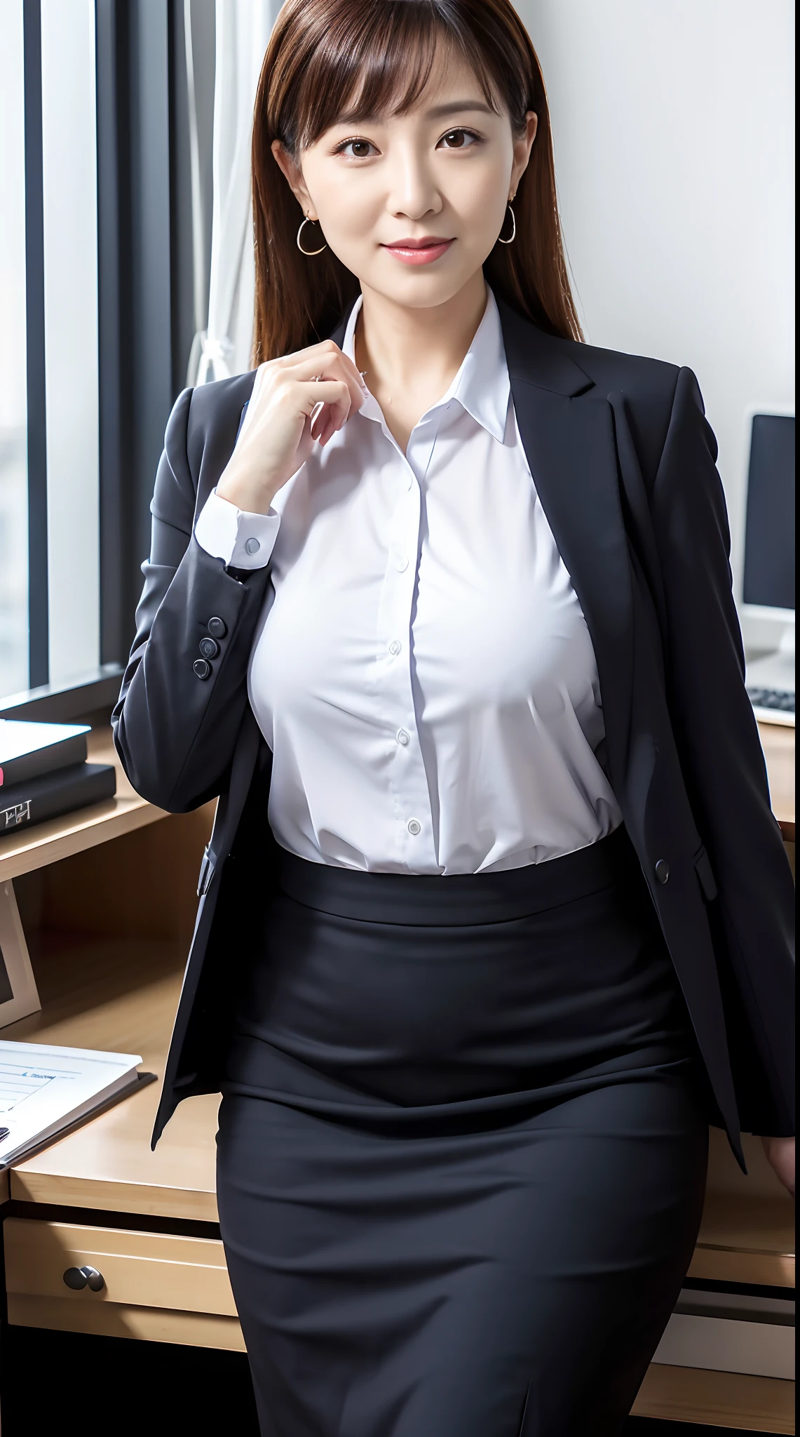 ((masterpiece, best quality,  FHD, 16K :1.3)) ,Japanese  woman, 59 years old, thicc ,Office Suit tight Skirt, s Office,