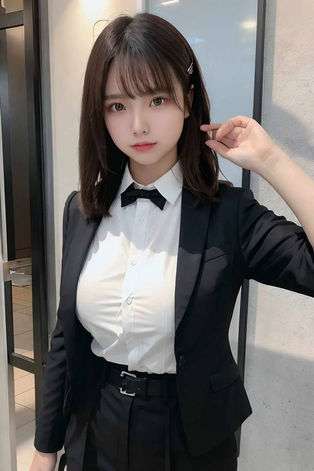 ​masterpiece、flat-colors、depth of fields、lens flare 1 girl、、Brown hair、watching at viewers　　　　a belt　black suspenders　Social OL　 huge tit　　　 　 Armpit sweat　perspiring　Side of both hands　　walls: Black Suit　Black pants, Black Jacket Slim　Pichi Pichi clothes