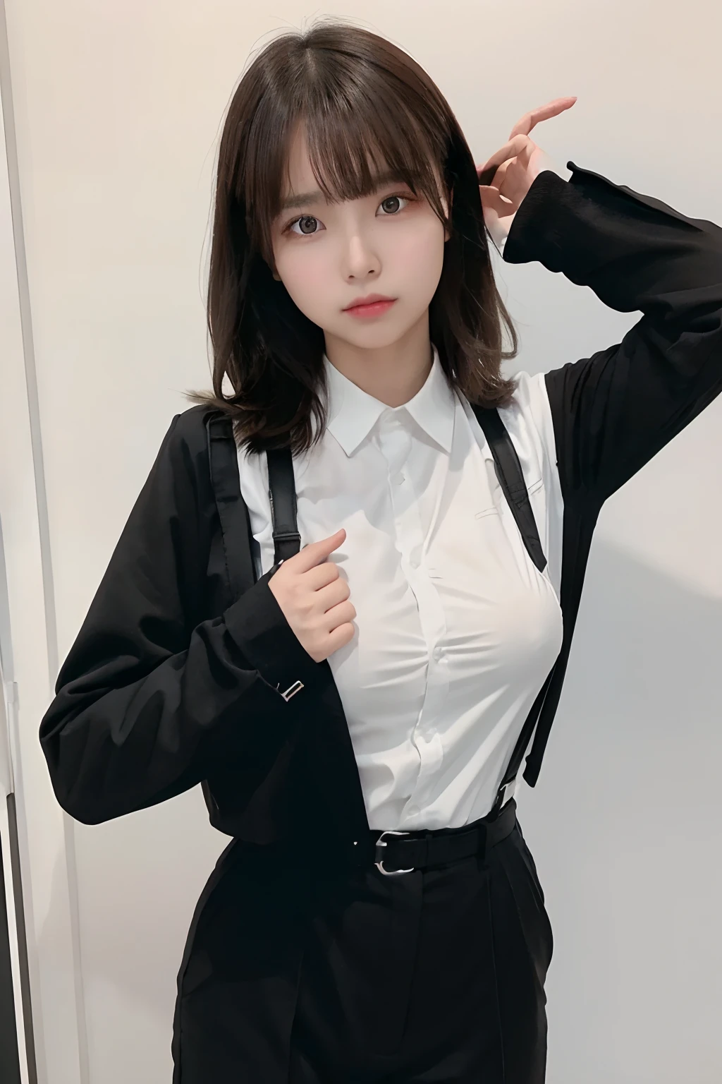 ​masterpiece、flat-colors、depth of fields、lens flare 1 girl、、Brown hair、watching at viewers　　　　a belt　black suspenders　Social OL　 huge tit　　　 　 Armpit sweat　perspiring　Side of both hands　　walls: Black Suit　Black pants, Black Jacket Slim　Pichi Pichi clothes