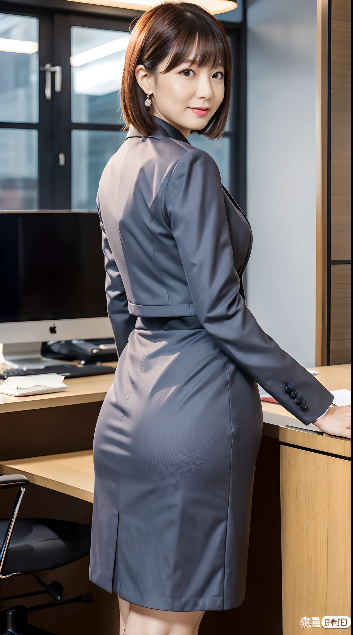 ((masterpiece, best quality, FHD, 16K :1.3)) ,Japanese woman, 59 years old, thicc ,Office Suit tight Skirt, s Office,