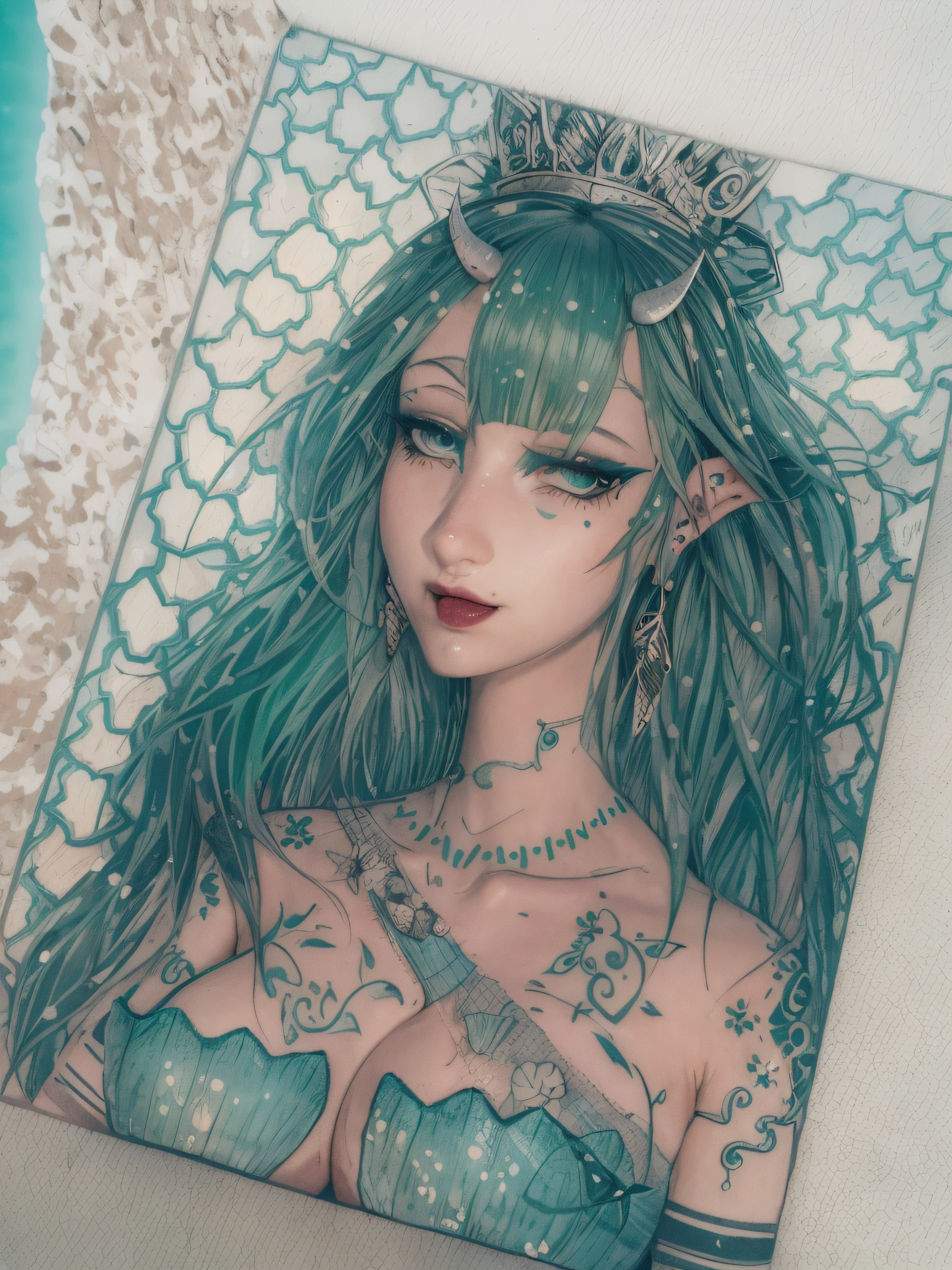1girl, mermaid, long ocean green hair, blue eyes, red horns, wearing shell bra, crown, elf ears, tattooed body, gigantic breasts, shell earrings, ultrasharp, 8K, masterpiece, looking at viewer