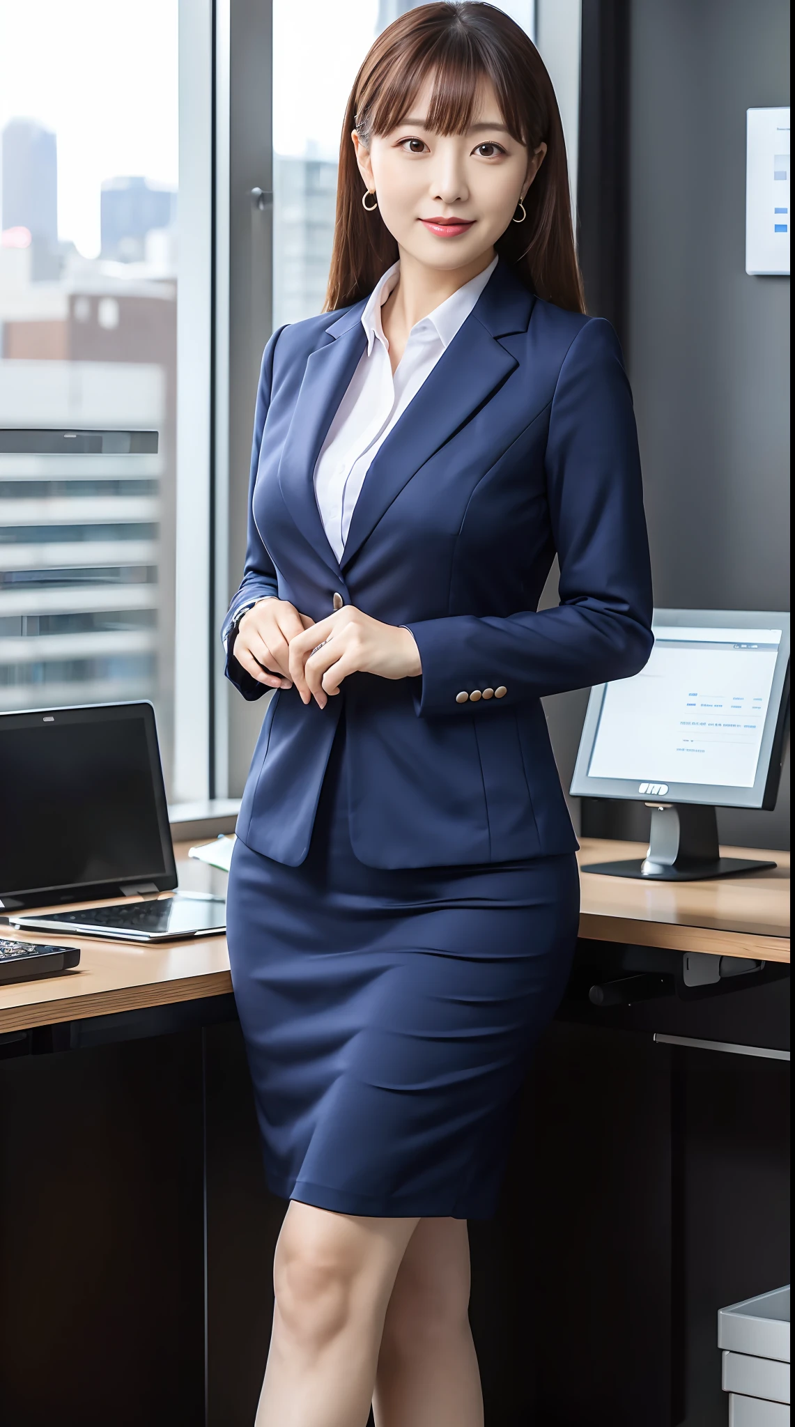 ((masterpiece, best quality, FHD, 16K :1.3)) ,Japanese woman, 59 years old, thicc ,Office Suit tight Skirt, s Office,