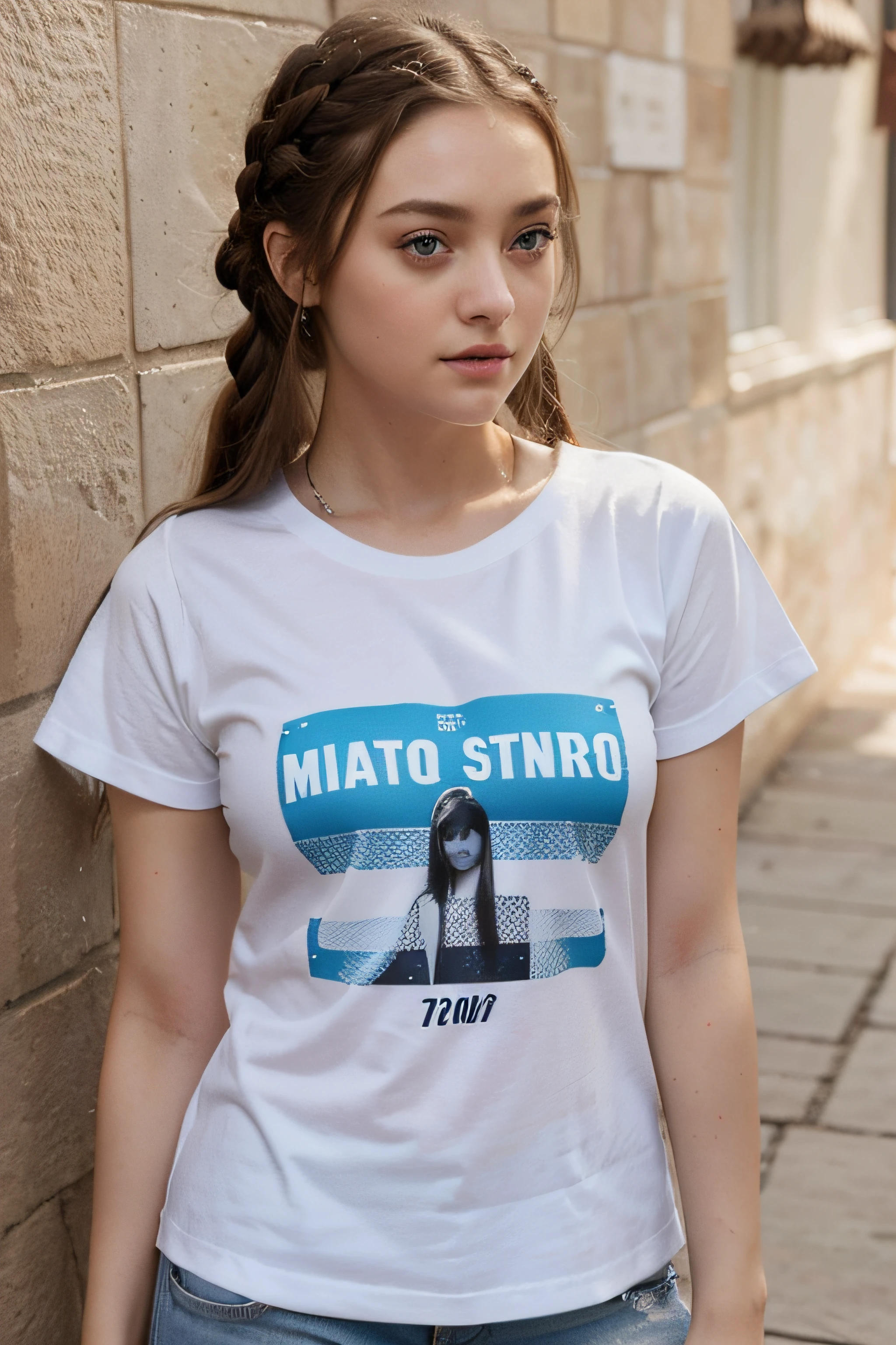 1 chica cuerpo entero de cabello rubio con trensas y de ojos azules parecida a la actriz Dakota fanning con camiseta blanca clasica sin estampado ni logos de cuerpo completo