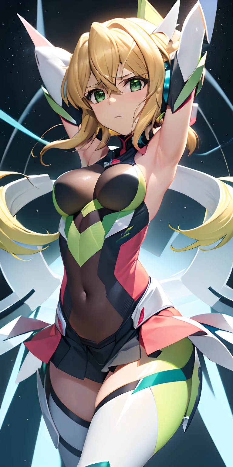 (Overhead view),dynamic angle,ultra-detailed, illustration, close-up, straight on, 1girl, 
 ((kirika akatsuki, interface headset, symphogear bodysuit:1.4, blonde hair, green eyes)),Her eyes shone like dreamy stars,(glowing eyes:1.233),(beautiful and detailed eyes:1.1),(expressionless,closed mouth),(standing), 
(mechanic room with toolsand spaceship windowin a white SPACESHIP),
(night:1.2),dreamy, [[delicate fingers and hands:0.55]::0.85],(detail fingers),