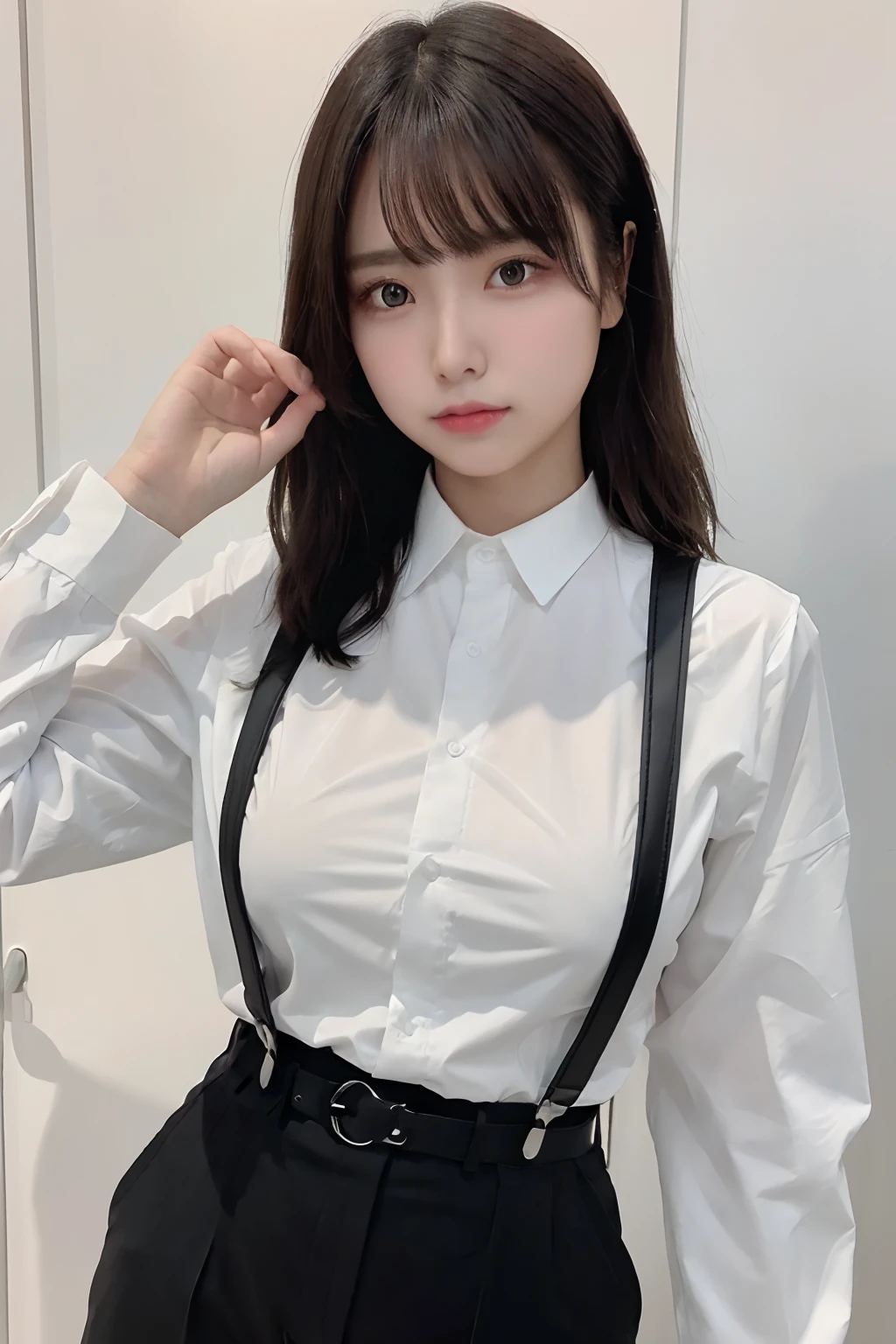 masterpiece、flat-colors、depth of fields、lens flare 1 girl、、Brown hair、watching at viewers a belt black suspenders Social OL huge tit Armpit sweat perspiring Side of both hands walls: Black Suit Black pants, Black Jacket Slim Pichi Pichi clothes