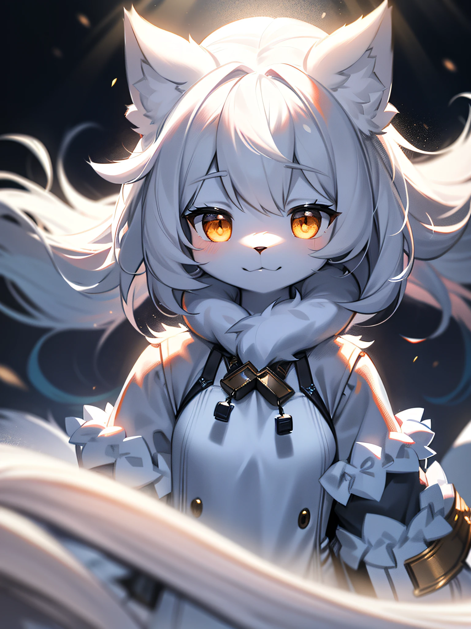furry, white fur, ultra cute face, white elements on fur, beautiful lights and shadows, ambient light, ultra detailed fur, volumetric light