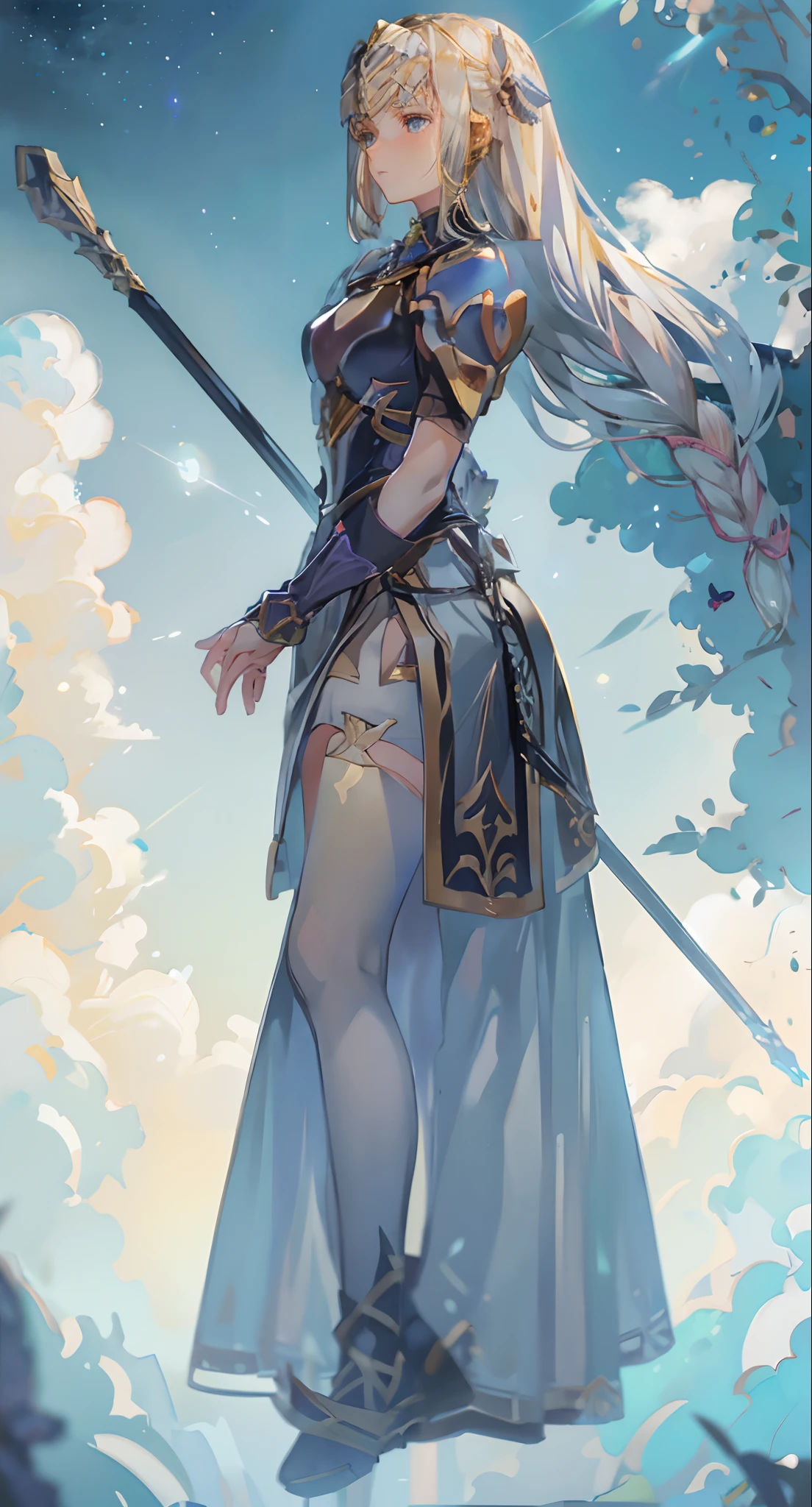 Beautiful paladin girl,Holding a shield,blond hairbl,pigtails,Extremely beautiful,High Balance, Natural light, Lace,black in color,starrysky,Star decoration (Masterpiece, Highest quality),unreal-engine,Standing painting, angle of view,Tulle skirt,ssee-through,Over-the-knee black stockings