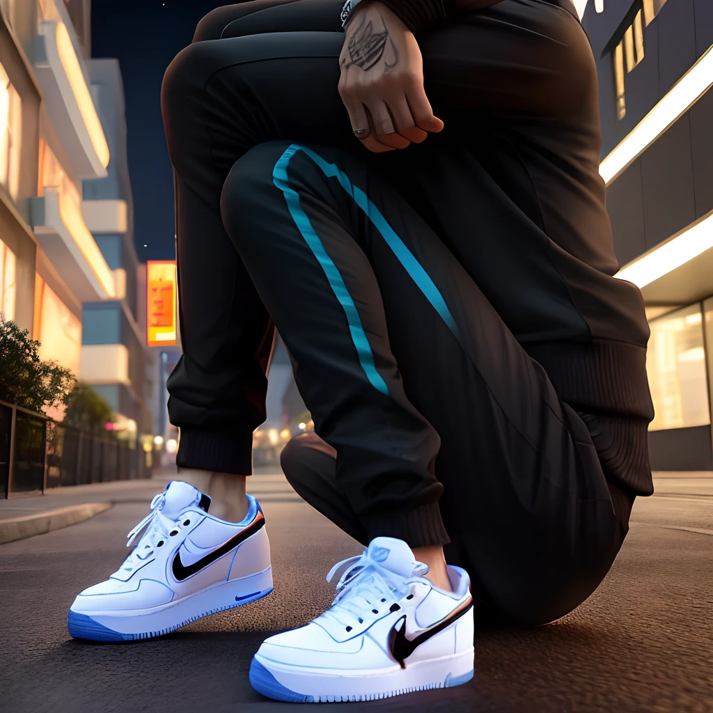 Personagem masculino sombrio usando roupa da Nike, mascara preta, Black pants and Air Force One sneakers White at night
