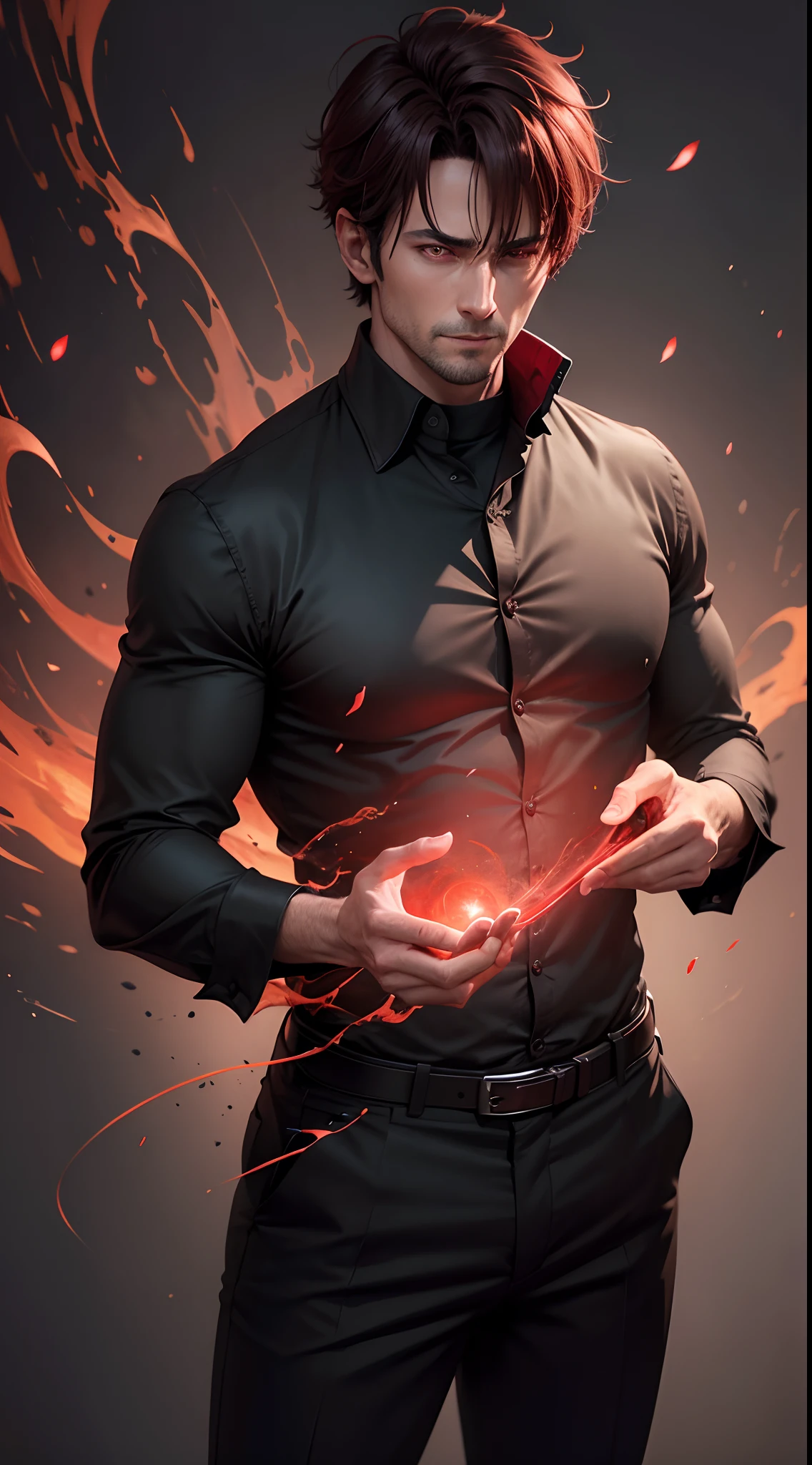 realistic, 8k image of a 35-year-old priest, short brown hair, red and demonic eyes, dressed in a black button-down shirt and black pants, conjuring red energy, anime style art