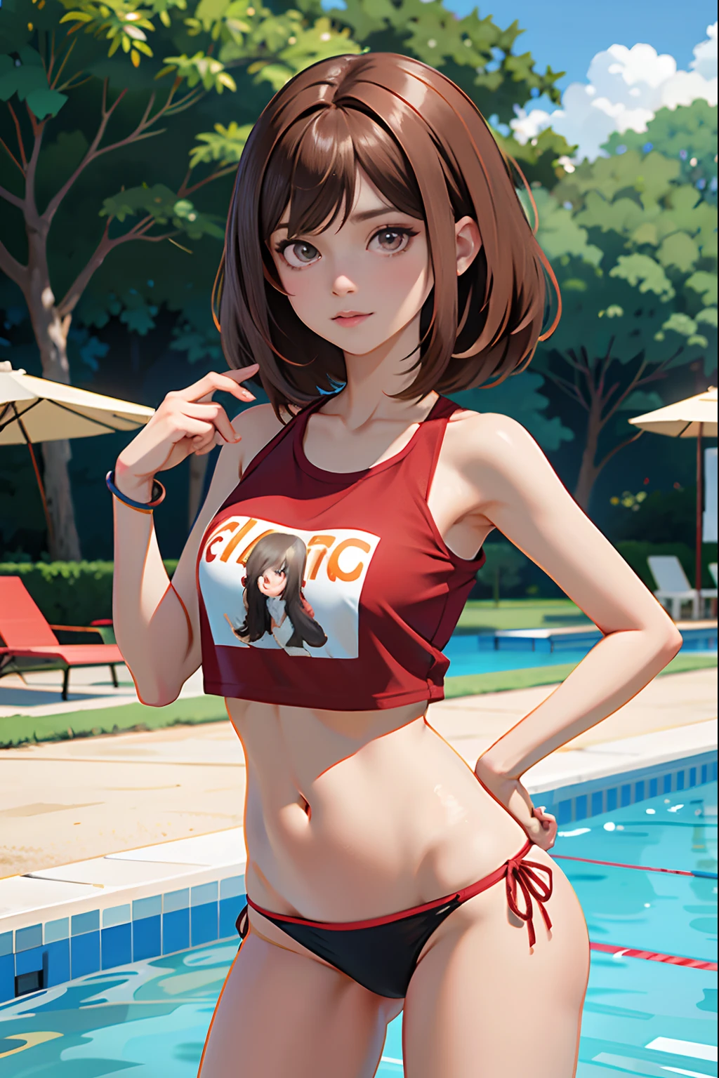 ,La mejor calidad ,pelo largo  , Caucasian anime girl max caulfield ,ojos grandes , , brown hair , feliz , , piel suave, , ojos expresivos , , , Camiseta roja , bikini , pool