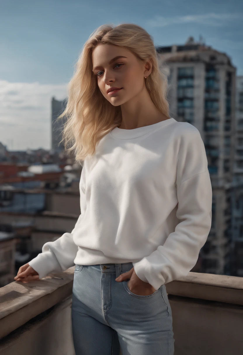 young blonde girl,ultra-detailliert, ultra realistisch, washed out hair,High-rise rooftops,Skysky,white sweatshirt,Backshot,Faraway view,Full body photo