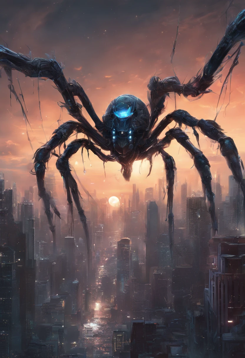 Giant furry spider running from a translucent ethereal beautiful female alien cyborg in heat with delicate features in a seductively aggressive stance,wet,slimy,reflective skin,city setting, moon, realistic, highly detailed, intricate,unreal engine,cinomatic lighting,wide angle lens, action shot,8k, Hyperrealistic movie poster