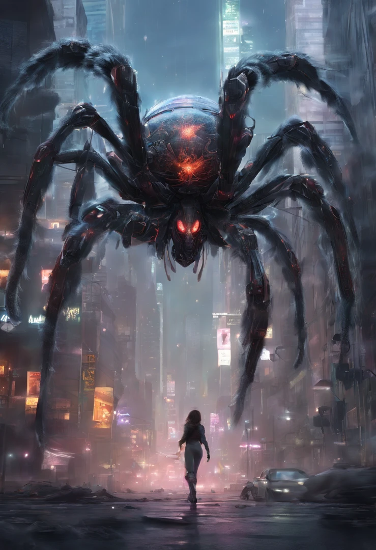 Giant furry spider running from a translucent ethereal beautiful female alien cyborg in heat with delicate features in a seductively aggressive stance,wet,slimy,reflective skin,city setting, moon, realistic, highly detailed, intricate,unreal engine,cinomatic lighting,wide angle lens, action shot,8k, Hyperrealistic movie poster