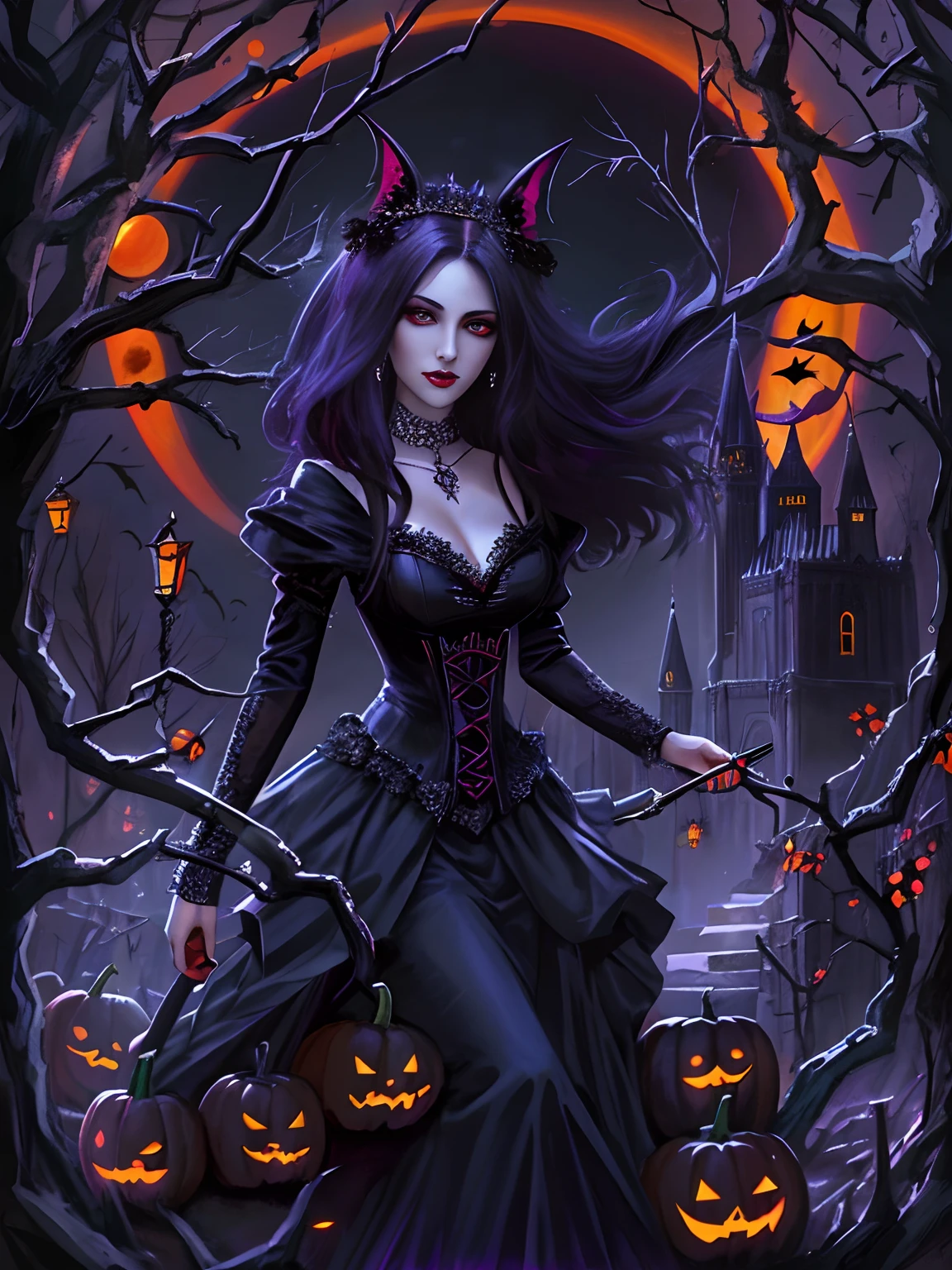 técnica de claro-escuro na ilustração sensual, A devil woman tattooed goth dancing hallowen party, beautiful detailed, full body, pale skin tattooed, naked, night dark forest, creepy, gothic art, halloween, moody lighting, dramatic shadows, high contrast, colorful hallowen colors
vibrante, altamente detalhado, arte digital, Alto contraste, Dramático, refinado, tonal,