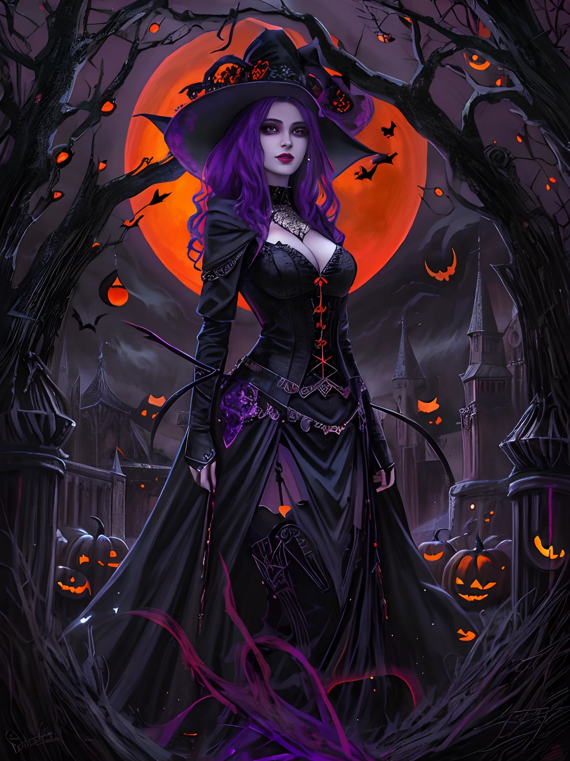 halloween night,Big breasts and big breasts ,Red Moon,the bats,Strange branches,A queen in a black dress stands in front of the castle,pumpkins, lovely dark autumn princess, Dark Gothic Girl, beautiful vampire queen, Gothic girl, gothic fantasy art, beautiful vampire queen, dark fantasy style art, fashionable dark witch, Beautiful witch, dark fantasy art, Wonderful black magic, Sinister witch witch, scary queen of death, Masterpiece:1.2, Ultra-detailed, Realistic:1.37, High-res, Vivid colors, Studio lighting, Black and purple tones, Dramatic lighting"