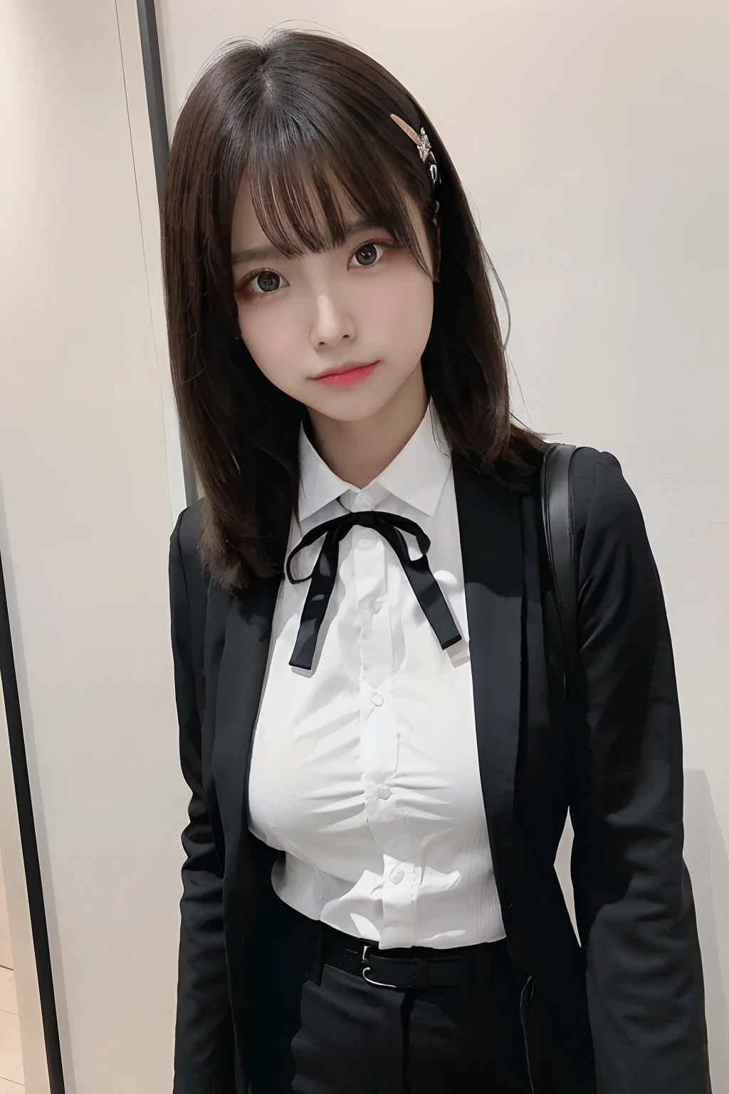 masterpiece、flat-colors、depth of fields、lens flare 1 girl、、Brown hair、watching at viewers a belt black suspenders Social OL huge tit Armpit sweat perspiring Side of both hands walls: Black Suit Black pants, Black Jacket Slim Pichi Pichi clothes