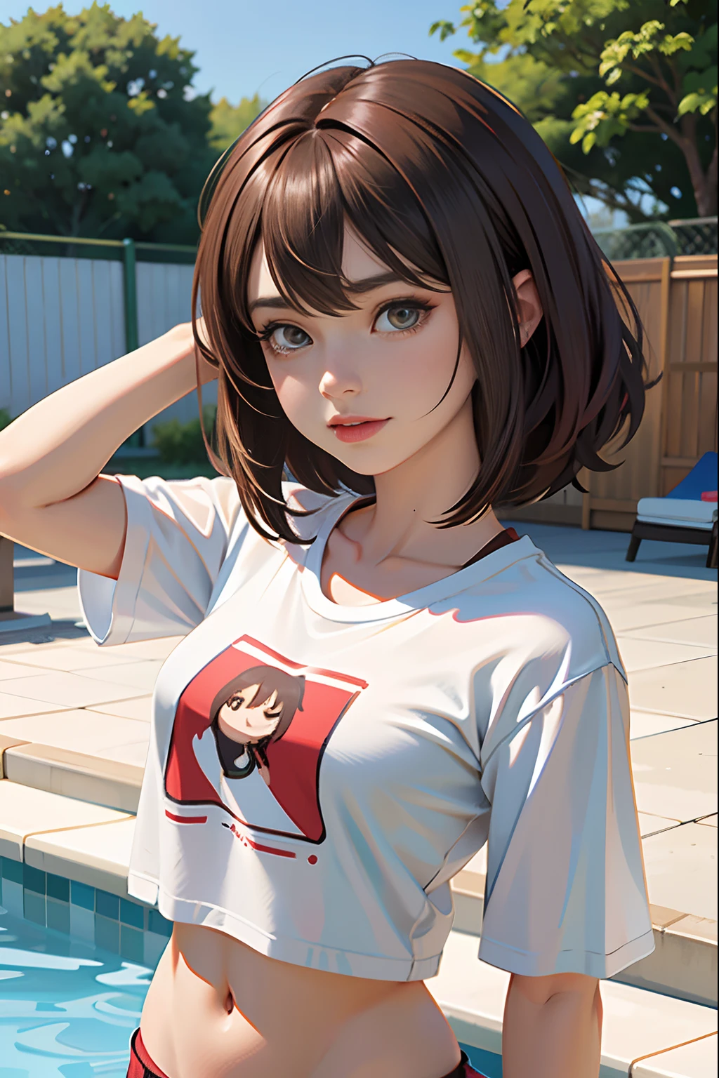 ,La mejor calidad ,pelo largo  , Caucasian anime girl max caulfield ,ojos grandes , , brown hair , feliz , , piel suave, , ojos expresivos , , , Camiseta roja , bikini , pool