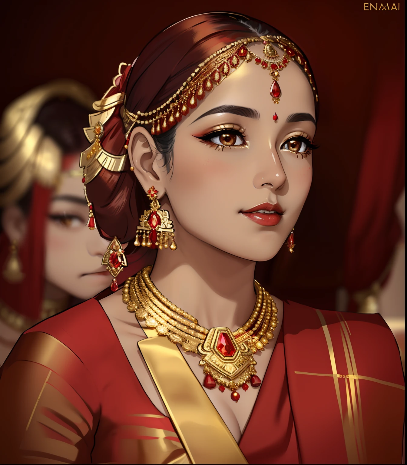 a woman in a red sari and gold jewelry looks at the camera, traditional beauty, traditional makeup, wearing gold jewellery, traditional female hairstyles, traditional, heavy gold jewellery, gold jewellery, red and golden color details, gold adornments, very beautiful enga style, with small studded earings, candid photograph, intricate thin details in gold, red and gold, gold and red