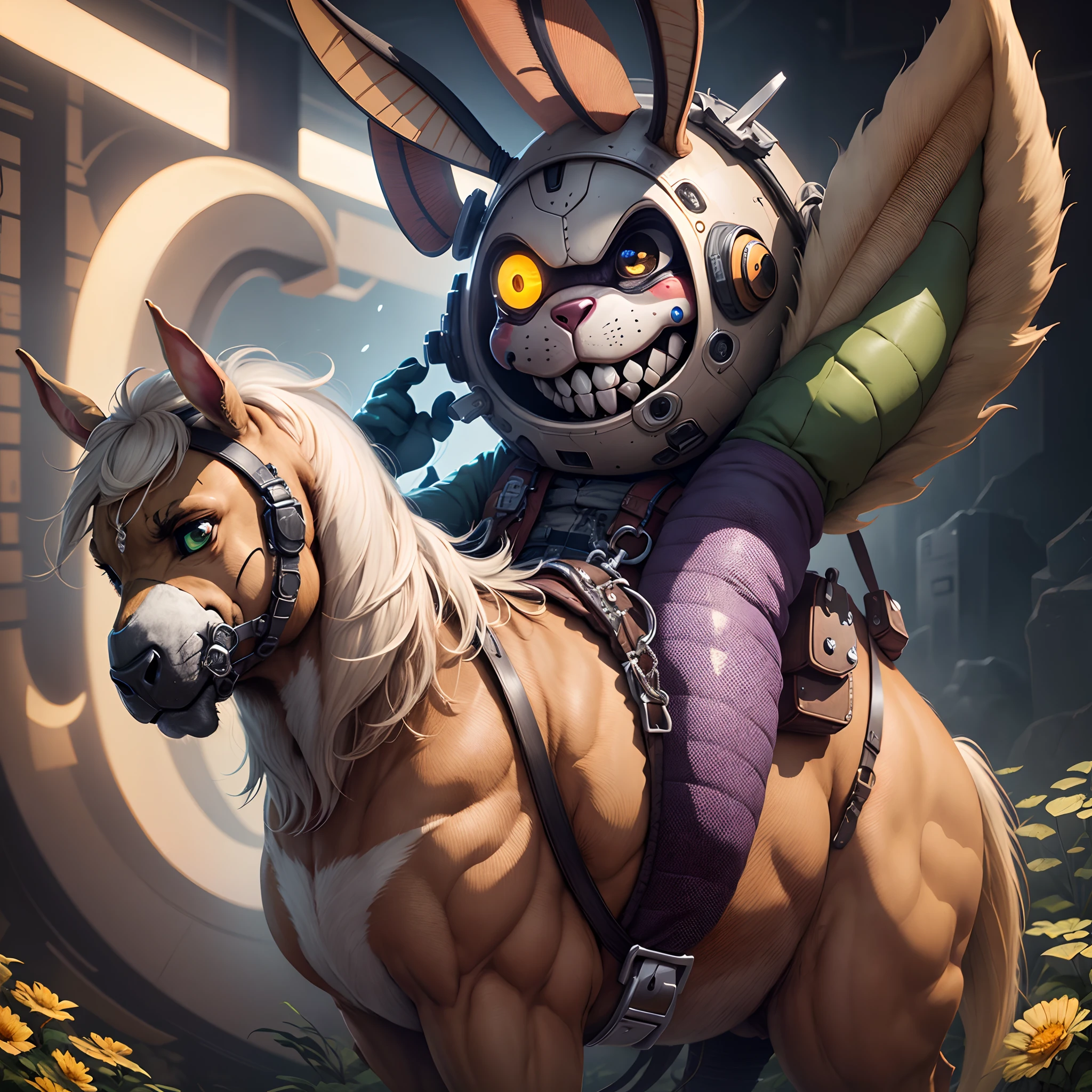 Springtrap cowboy em cima de um cavalo high-tech.