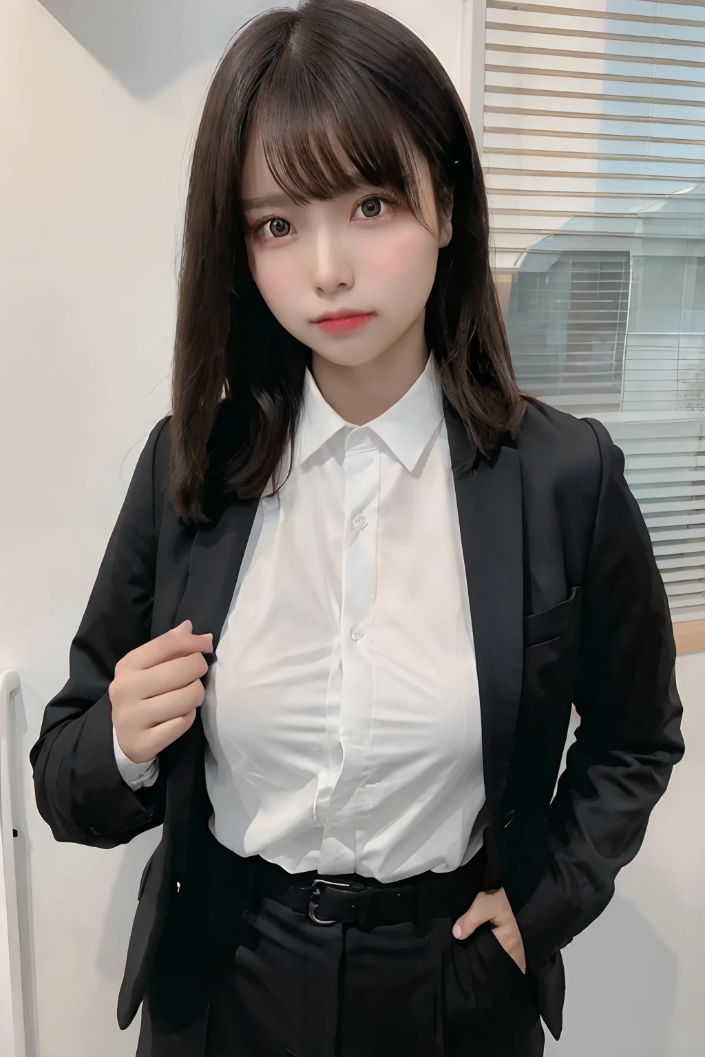 masterpiece、flat-colors、depth of fields、lens flare 1 girl、、Brown hair、watching at viewers a belt black suspenders Social OL huge tit Armpit sweat perspiring Side of both hands walls: Black Suit Black pants, Black Jacket Slim Pichi Pichi clothes