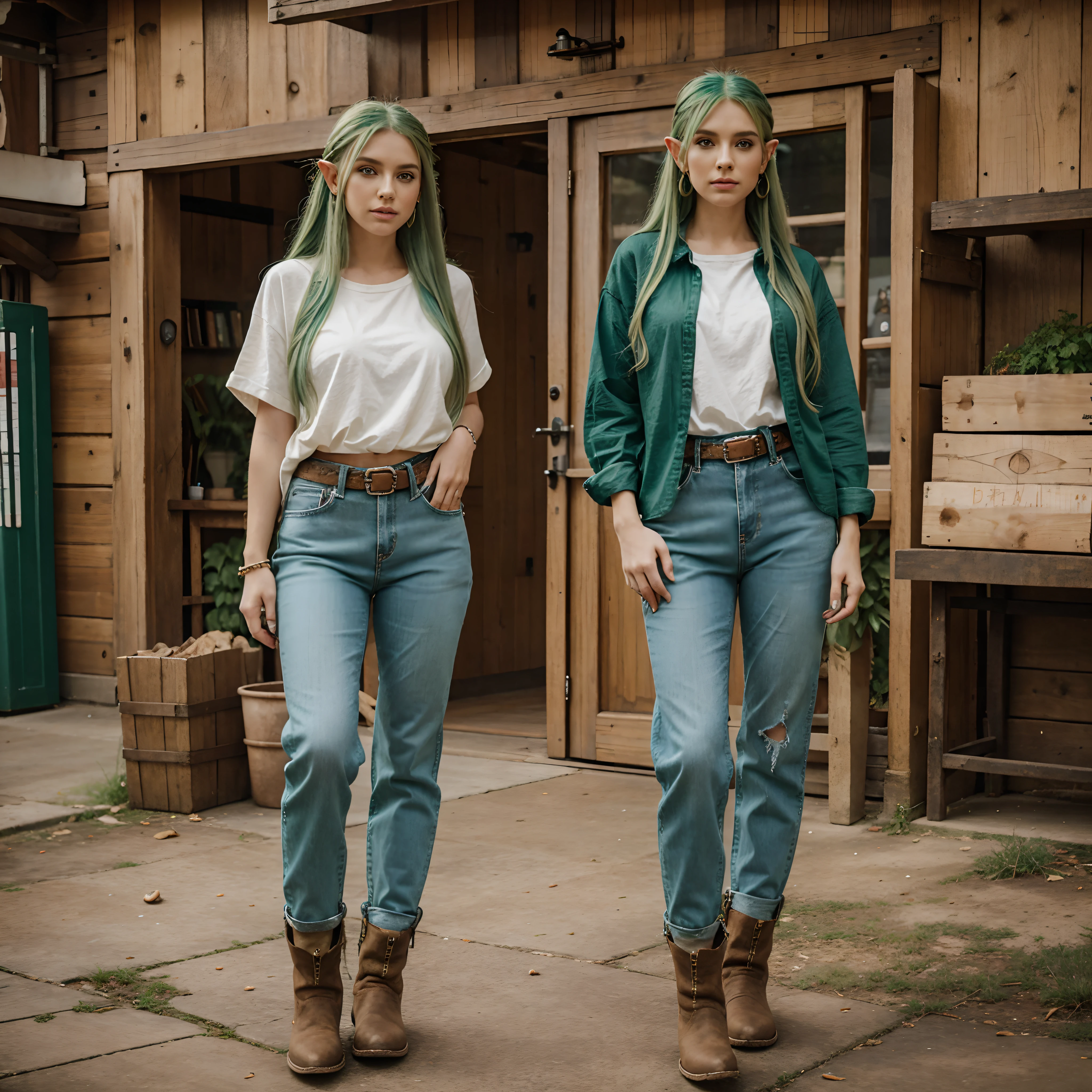 Green hair, Elf, long hair, jeans, earrings,baggy shirt, full body, cowboy boots