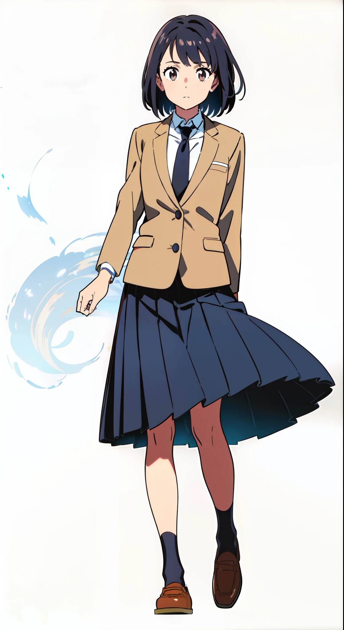 (white background:1.2), (standing:1.2), (looking at viewer:1.2), (wind:1.2), (best quality:1.1), (masterpiece:1.1), (full body:1.0), (solo:1.0), (a 18yo cute girl:1.0), (long skirt:0.9), (dark blue skirt:1.0), (pleated skirt:1.0), (school uniform beige blazer:1.0), (dark blue necktie:1.0), (black socks:1.0), (loafers:1.0), (lanky:1.1), (tall:1.1), (slender:1.1), (small breasts:1.1), (detailed beautiful eyes:1.0), (detailed beautiful face:1.0), (glowing black eyes:1.0), (short hair:1.0), (strait hair:1.0), (black hair:1.0)