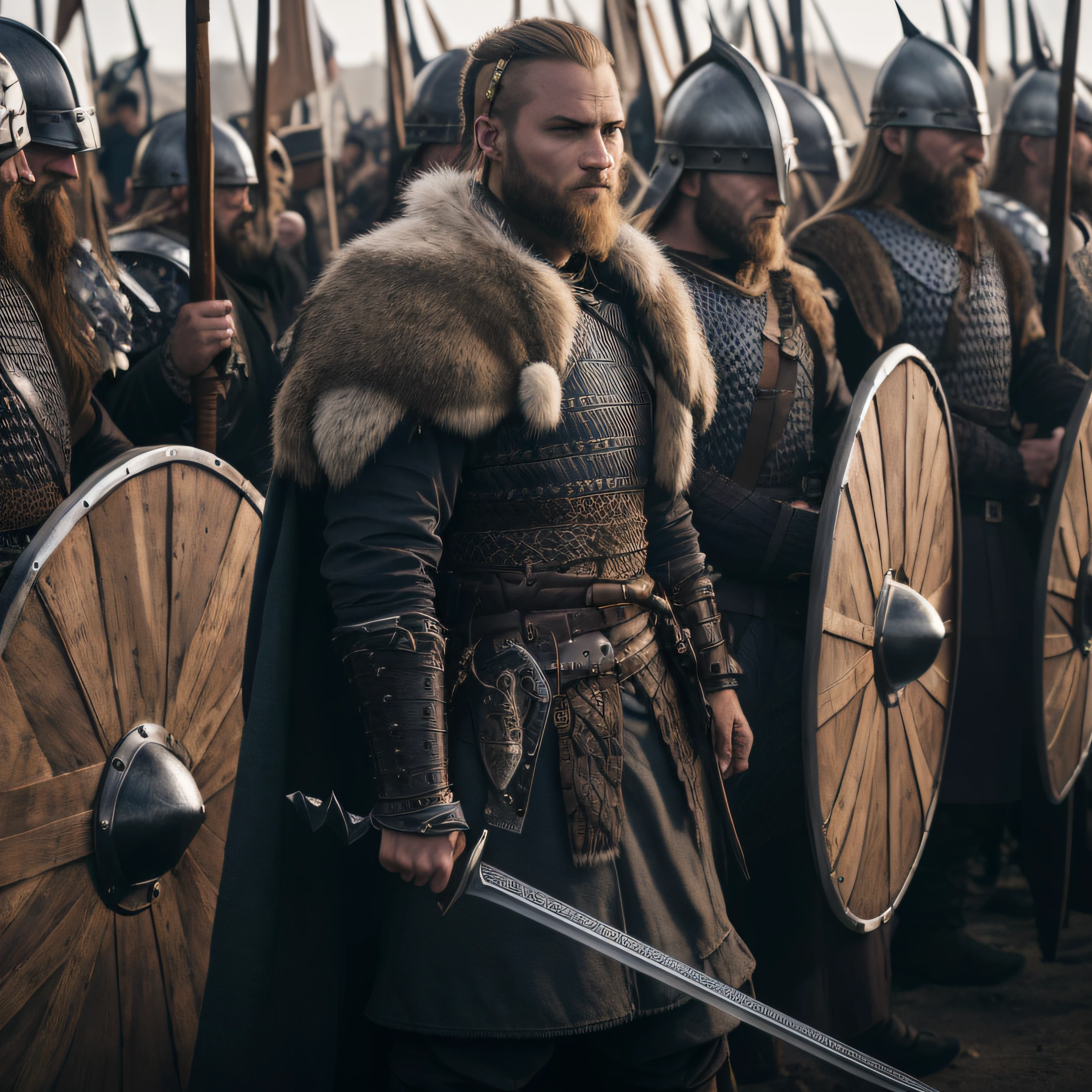 Arafed man in armor standing in front of a line of soldiers, VIQUINGUES, Cultura Viking, guerreiro Viking, Guerreiro Viking antigo, an epic viking battle scene, viking and templar aesthetics, estilo Viking, norse warrior, armadura Viking, epic viking king, traje Viking, wearing norse armor, armadura Viking detalhada, Viking, Rei Viking, usando roupas VIQUINGUES, [ cinemactic