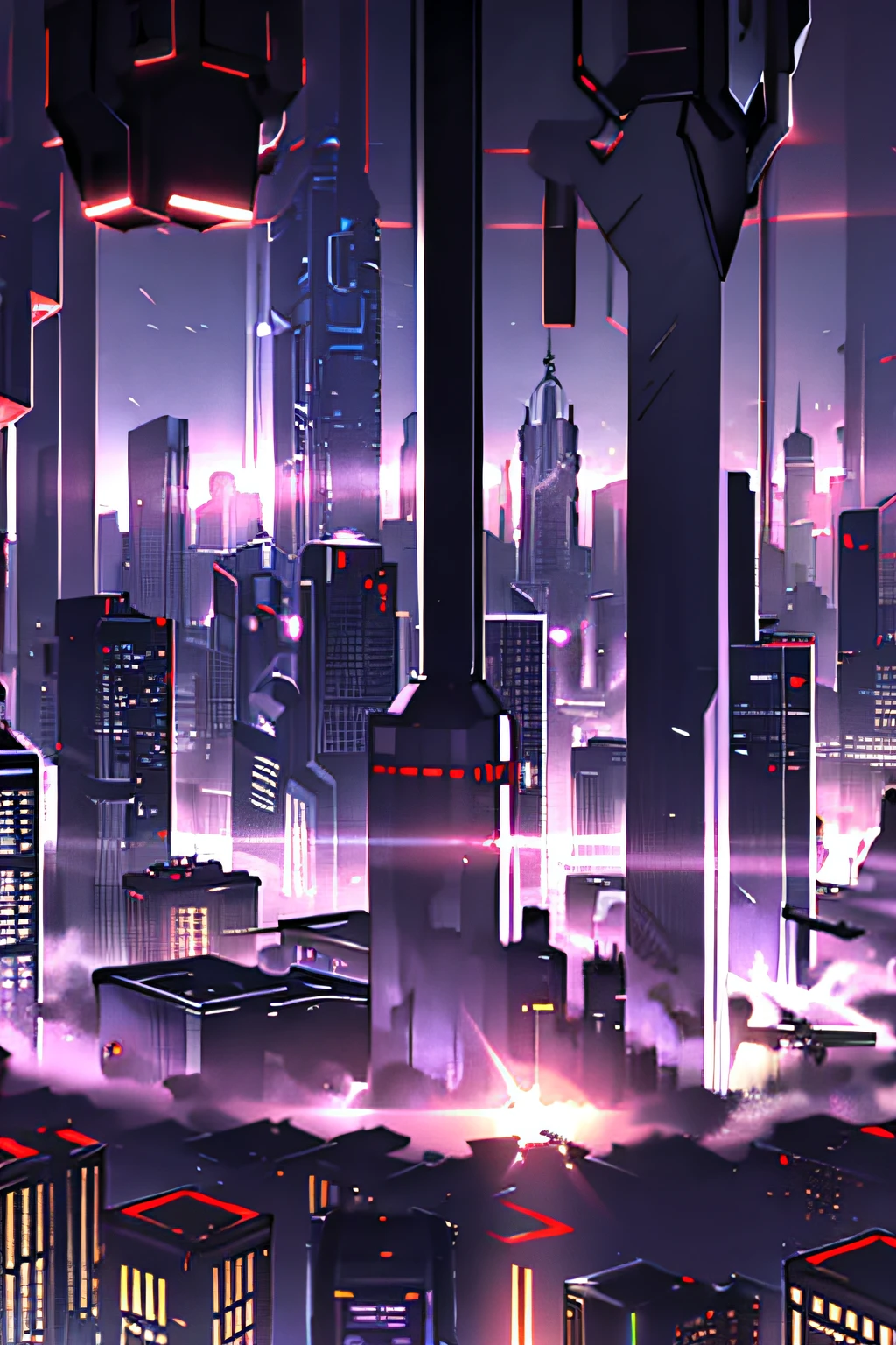 Futuristic Cyberpunk city of night, light and shadows with mirrored glass sparkling skyscrapers.