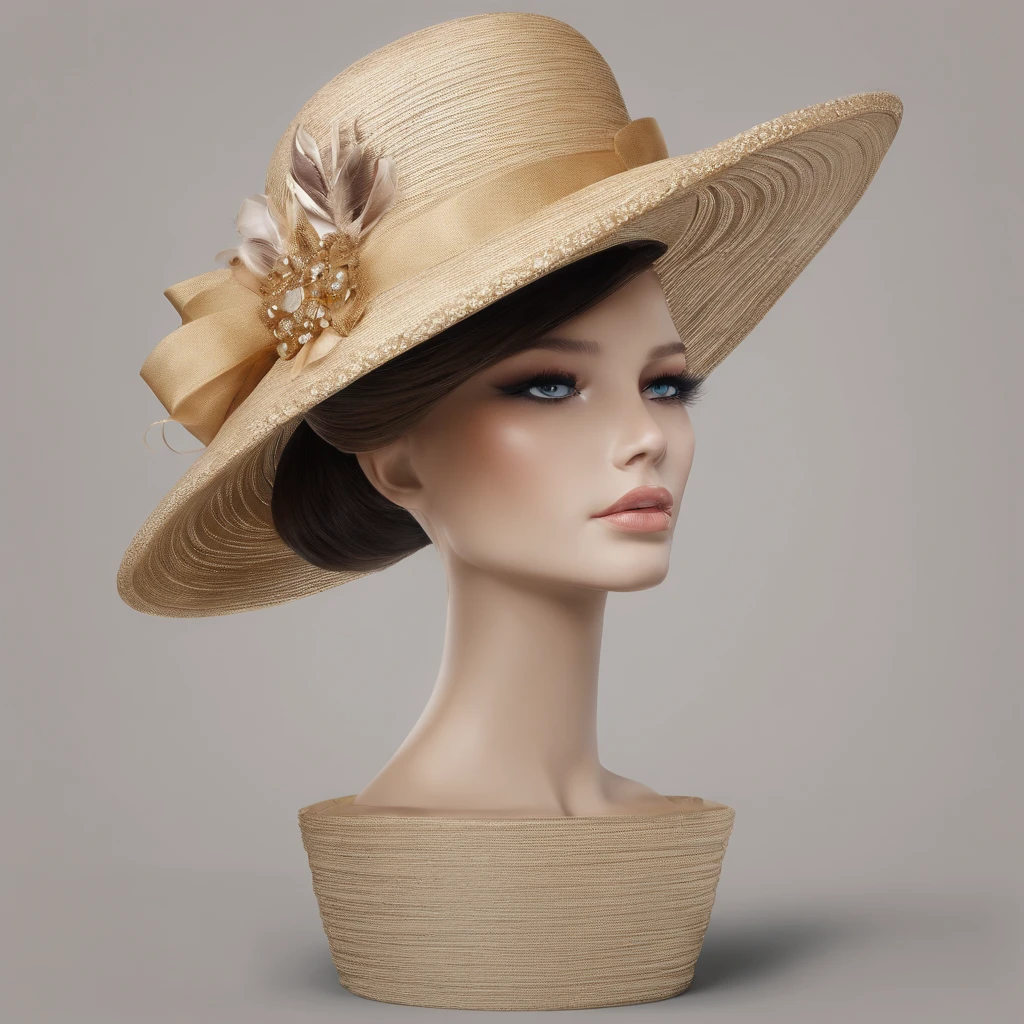(A luxurious hat),(Best quality,A high resolution:1.2,Ultra-detailed),(Fashionab,Stylish),(Luxuriously decorated with pearls and precious stones),(Expensive,Exquisite),[Minimalist design],(Vibrant colors),(Delicate feather trims),(Beautifully made),(Fine materials),(elegant),(With feathers),(ribbons),(Refined),(with intricate detail),(Unique),(on a mannequin),(In the boutique),(under a spotlight),(With a retro vibe),(Wide brim),(With ribbon),(In the display case),(Different sizes),(Made of straw),(With a bow),(classic),(Elevate any outfit),(luxury brand),(Stunning tiara)