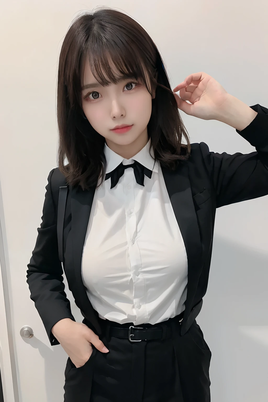 masterpiece、flat-colors、depth of fields、lens flare 1 girl、、Brown hair、watching at viewers a belt black suspenders Social OL huge tit Armpit sweat perspiring Side of both hands walls: Black Suit Black pants, Black Jacket Slim Pichi Pichi clothes Gaze