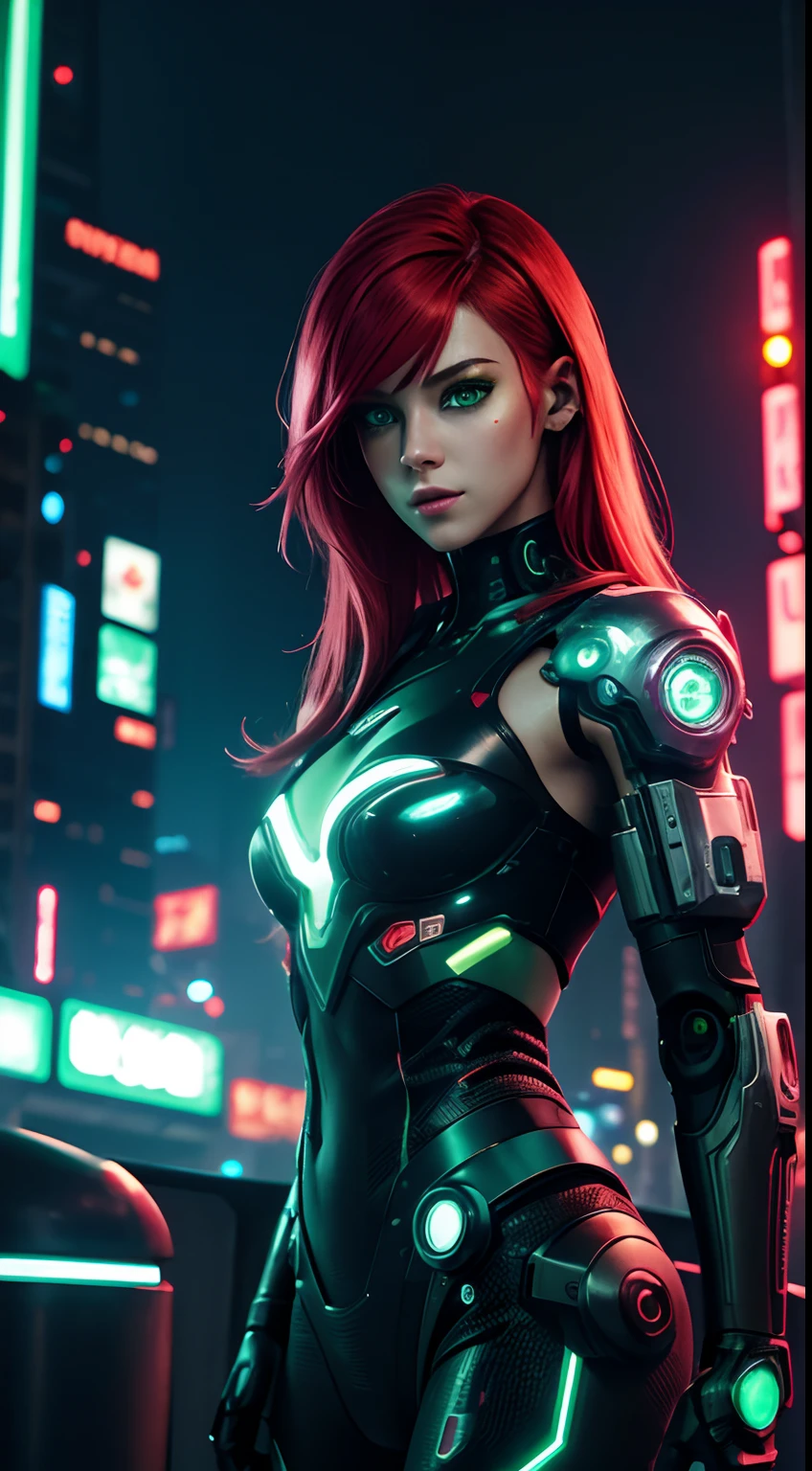 cyborg girl, robot hand, green eyes, cyberpunk city background, neon light, red hair, masterpiece, ultra high details