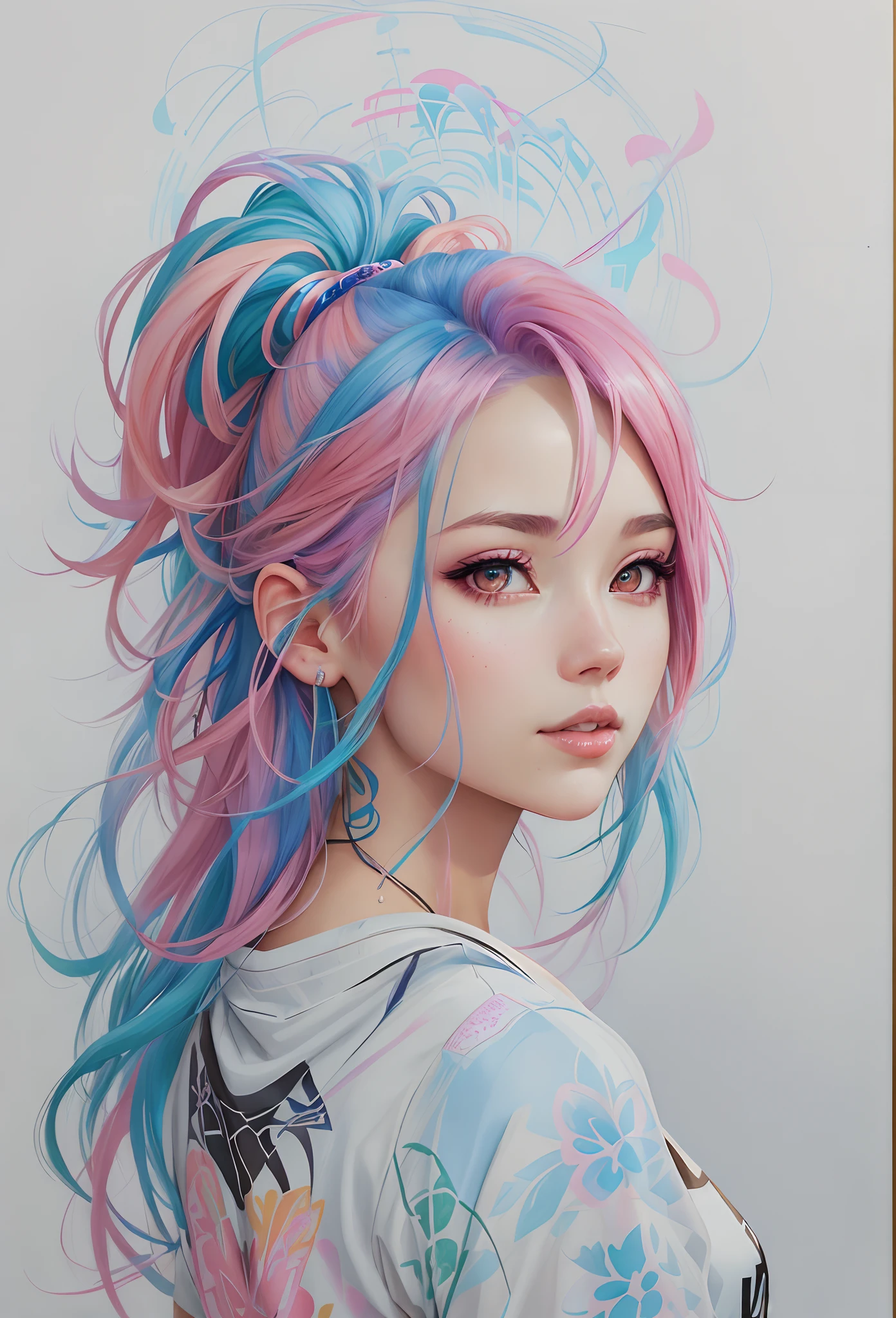 portrait of a american girl having colorful hairs, white background, realistic