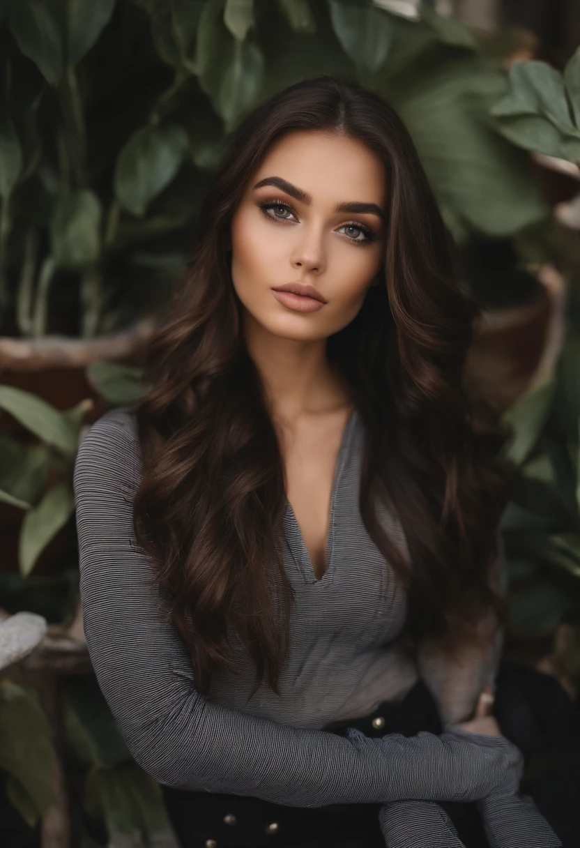 Arafed woman with attractive black clothes, fille sexy aux yeux bruns, Portrait Sophie Mudd, cheveux noirs et grands yeux, selfie of a young woman, Yeux de chambre, Violet Myers, sans maquillage, maquillage naturel, looking straight at camera, Visage avec Artgram, Maquillage subtil, dans un toit , clivage, hispanic