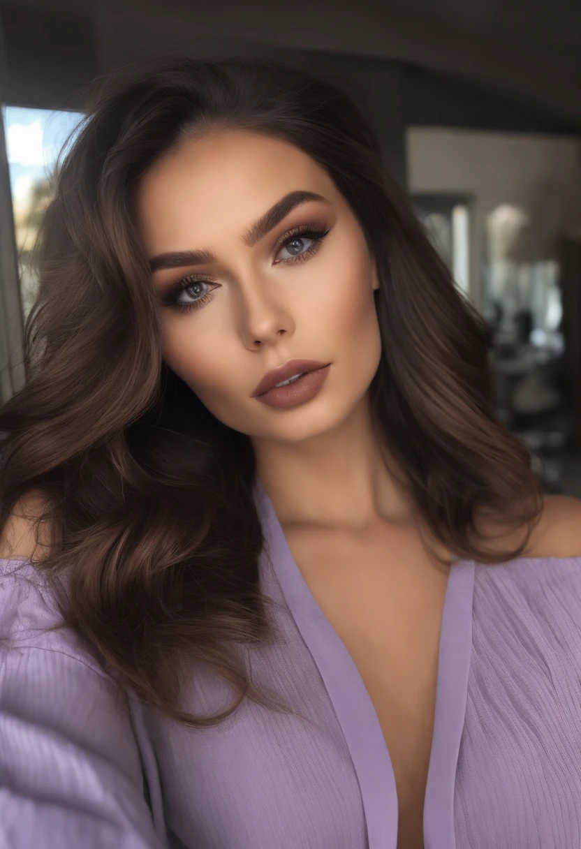 Arafed woman with attractive black clothes, fille sexy aux yeux bruns, Portrait Sophie Mudd, cheveux noirs et grands yeux, selfie of a young woman, Yeux de chambre, Violet Myers, sans maquillage, maquillage naturel, looking straight at camera, Visage avec Artgram, Maquillage subtil, dans un toit , clivage, hispanic
