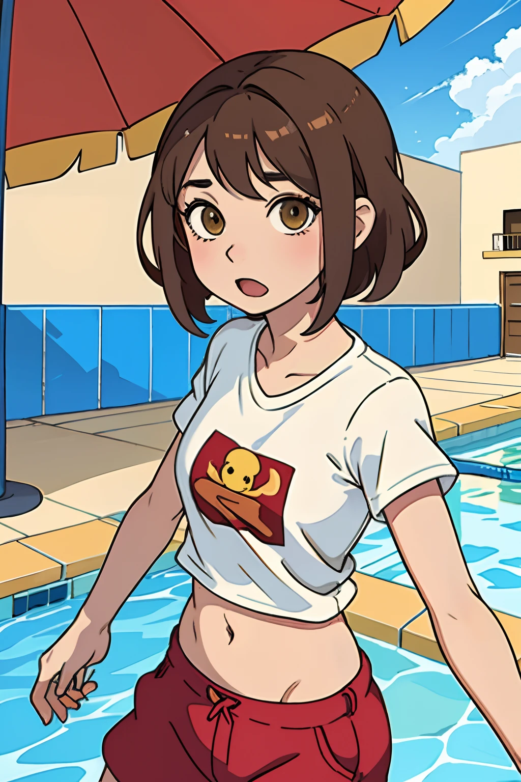 ,La mejor calidad ,por el ancho , Caucasian anime girl max caulfield ,ojos grandes , , brown hair , feliz , , piel suave, , ojos expresivos , , , camiseta roja , bikini , pool