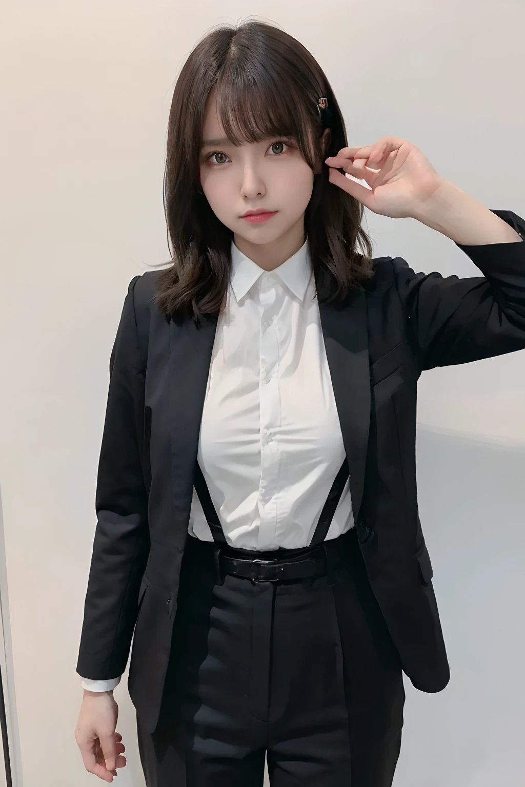 masterpiece、flat-colors、depth of fields、lens flare 1 girl、、Brown hair、watching at viewers a belt black suspenders Social OL huge tit Armpit sweat perspiring Side of both hands walls: Black Suit Black pants, Black Jacket Slim Pichi Pichi clothes Gaze