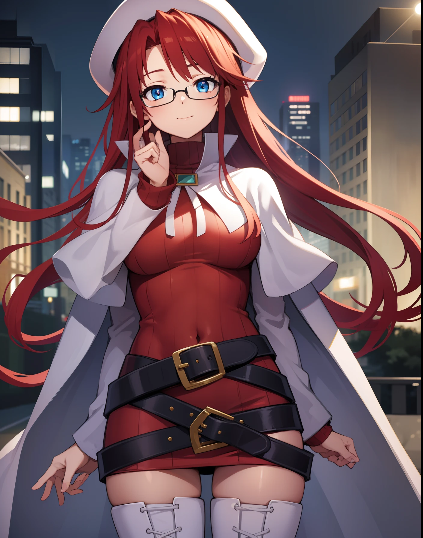 summonnightaty, aty, long hair, blue eyes, red hair, beret, hat, glasses,
BREAK long hair, thighhighs, hat, dress, boots, glasses, belt, cape, sweater, zettai ryouiki, beret, thigh boots, white footwear, ribbed sweater, loose belt,,
BREAK outdoors, fantasy_town,
BREAK (masterpiece:1.2), best quality, high resolution, unity 8k wallpaper, (illustration:0.8), (beautiful detailed eyes:1.6), extremely detailed face, perfect lighting, extremely detailed CG, (perfect hands, perfect anatomy),(covered_nipples:1.3),covered_navel,light_smile,dynamic_posing,(half_eyes:1.2),light_open_mouth,sword,